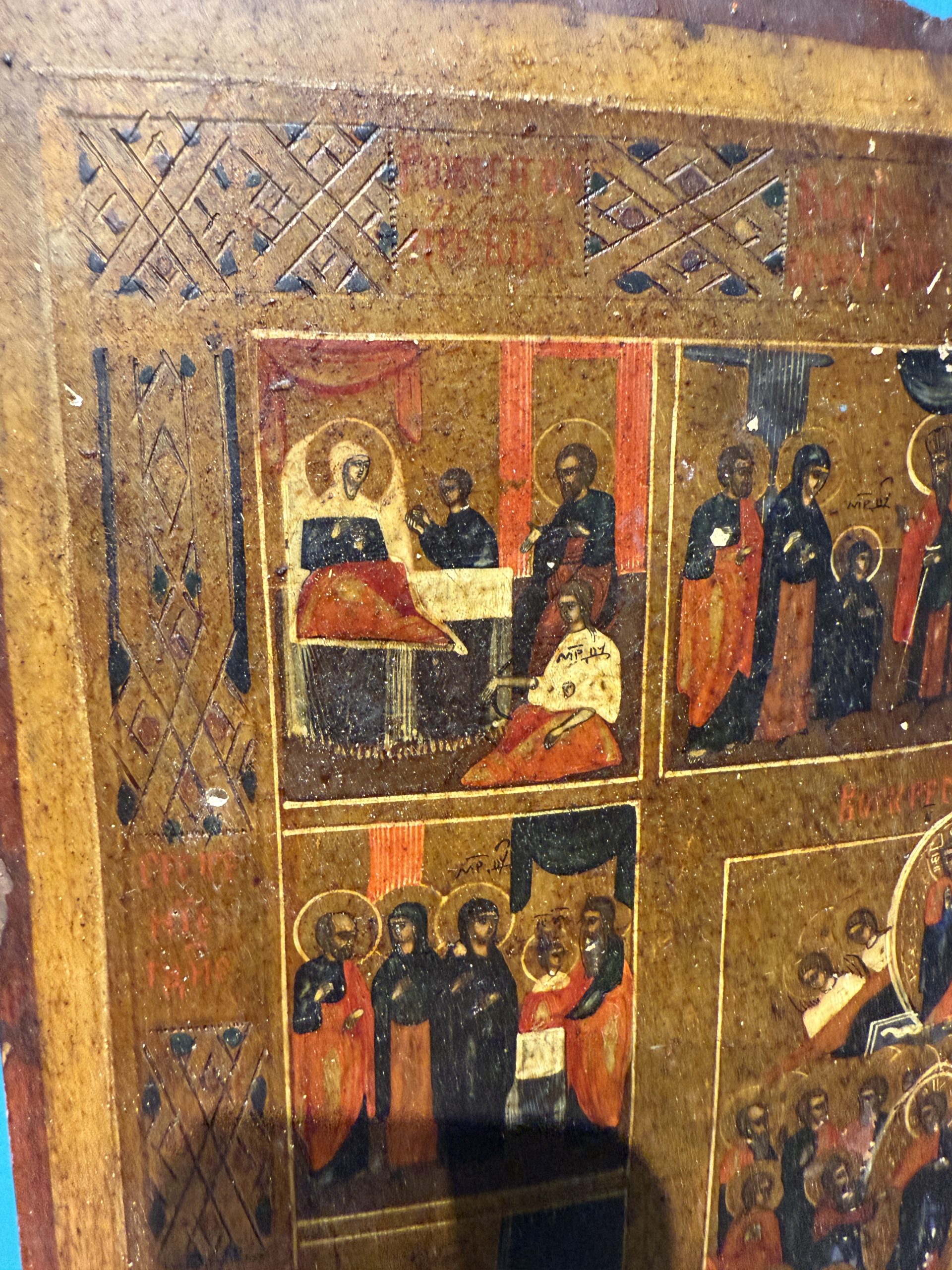 Antica Icona russa su tavola, raffigurante le Dodici Grandi Feste, Russia, XIX sec, 36x31cm - immagine 4