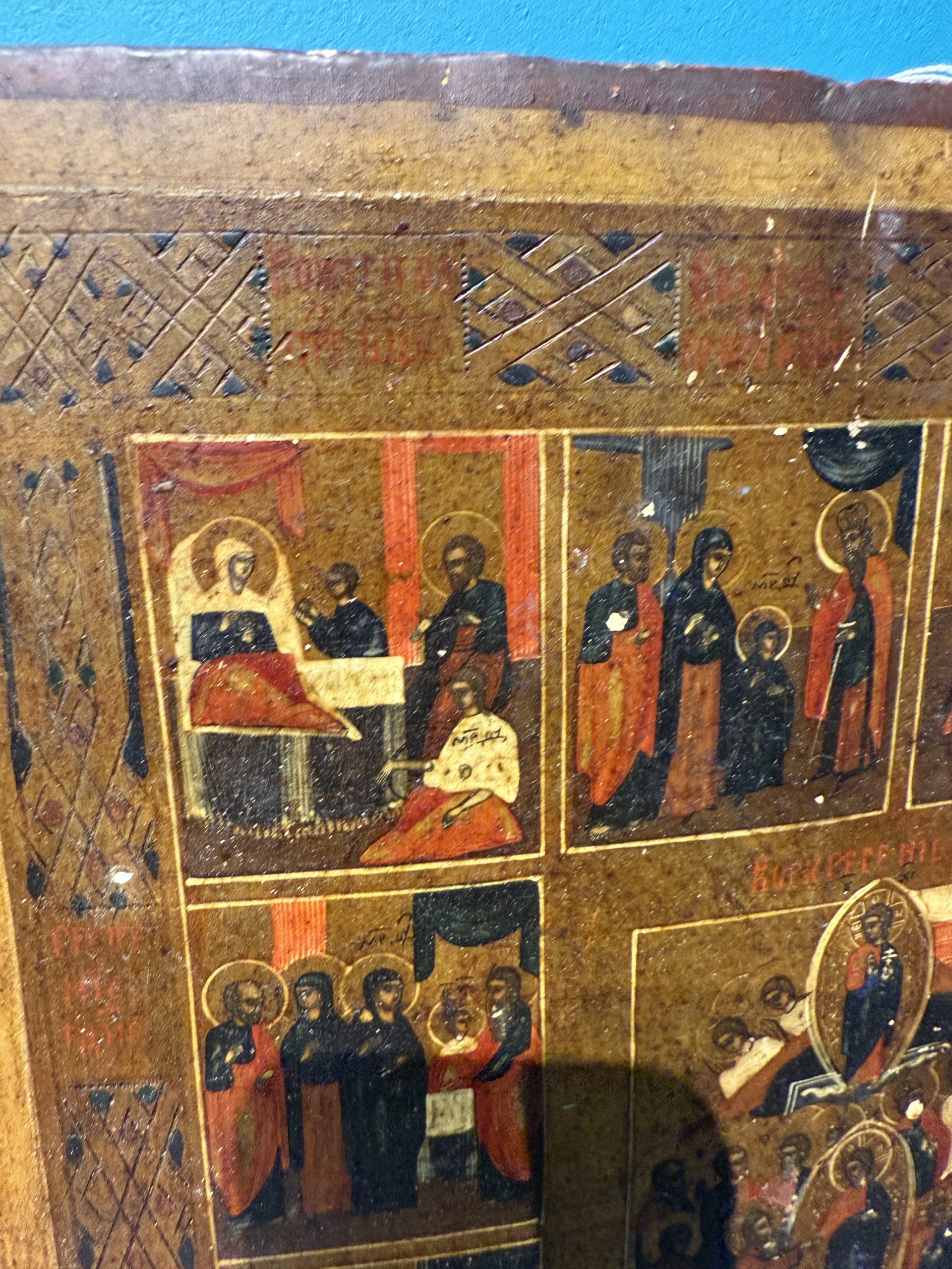 Antica Icona russa su tavola, raffigurante le Dodici Grandi Feste, Russia, XIX sec, 36x31cm - immagine 5