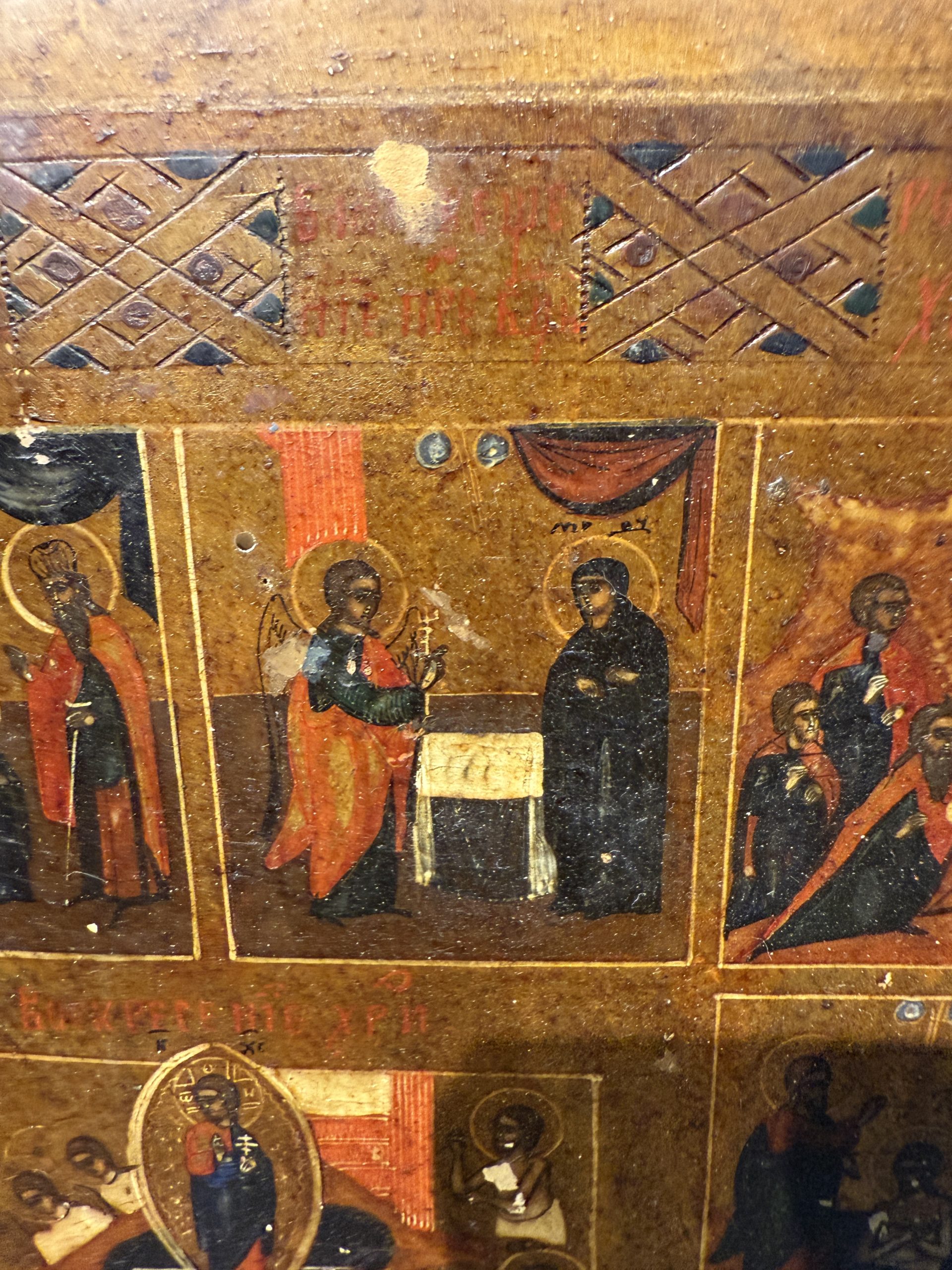 Antica Icona russa su tavola, raffigurante le Dodici Grandi Feste, Russia, XIX sec, 36x31cm - immagine 6