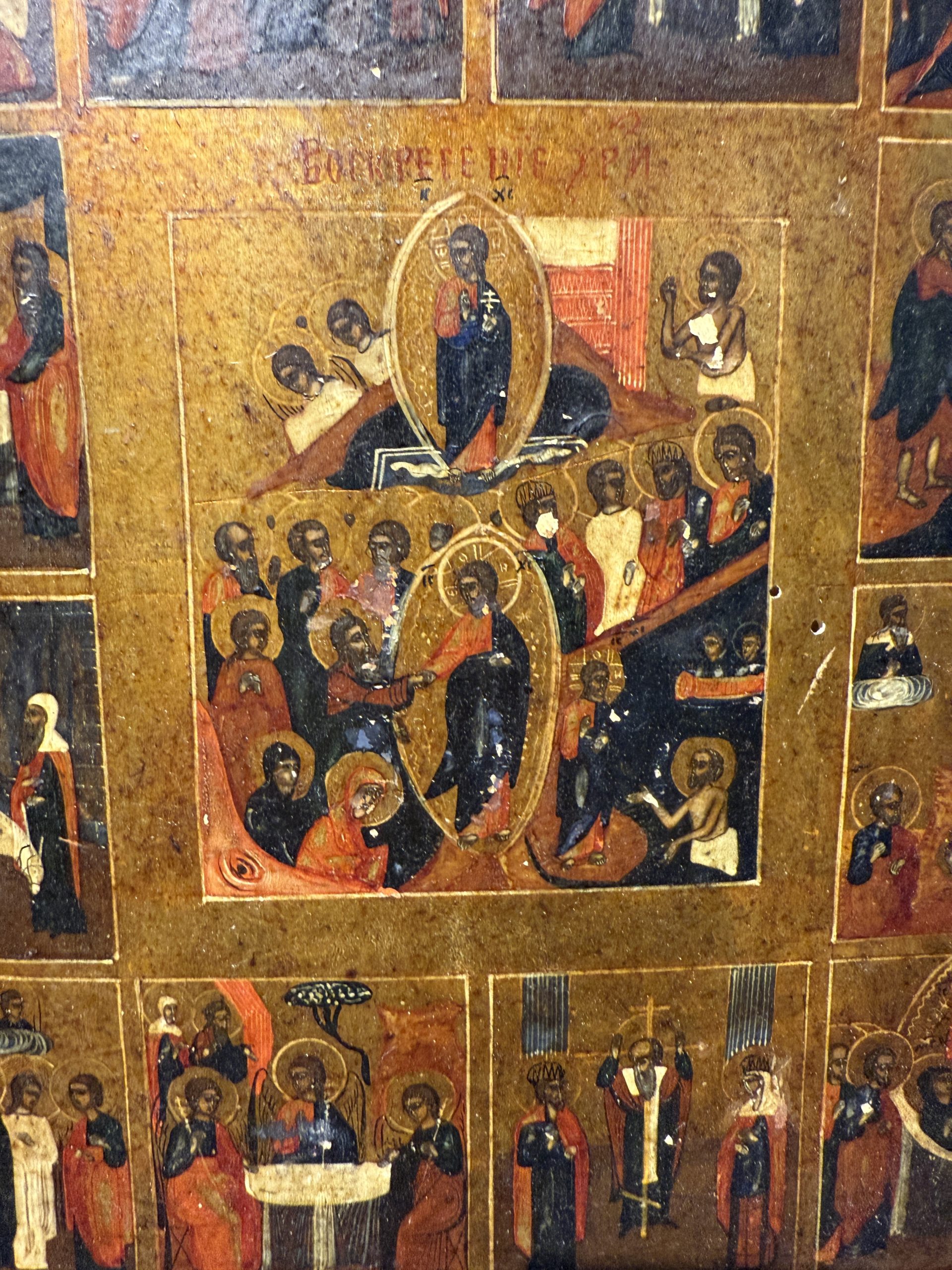 Antica Icona russa su tavola, raffigurante le Dodici Grandi Feste, Russia, XIX sec, 36x31cm - immagine 7