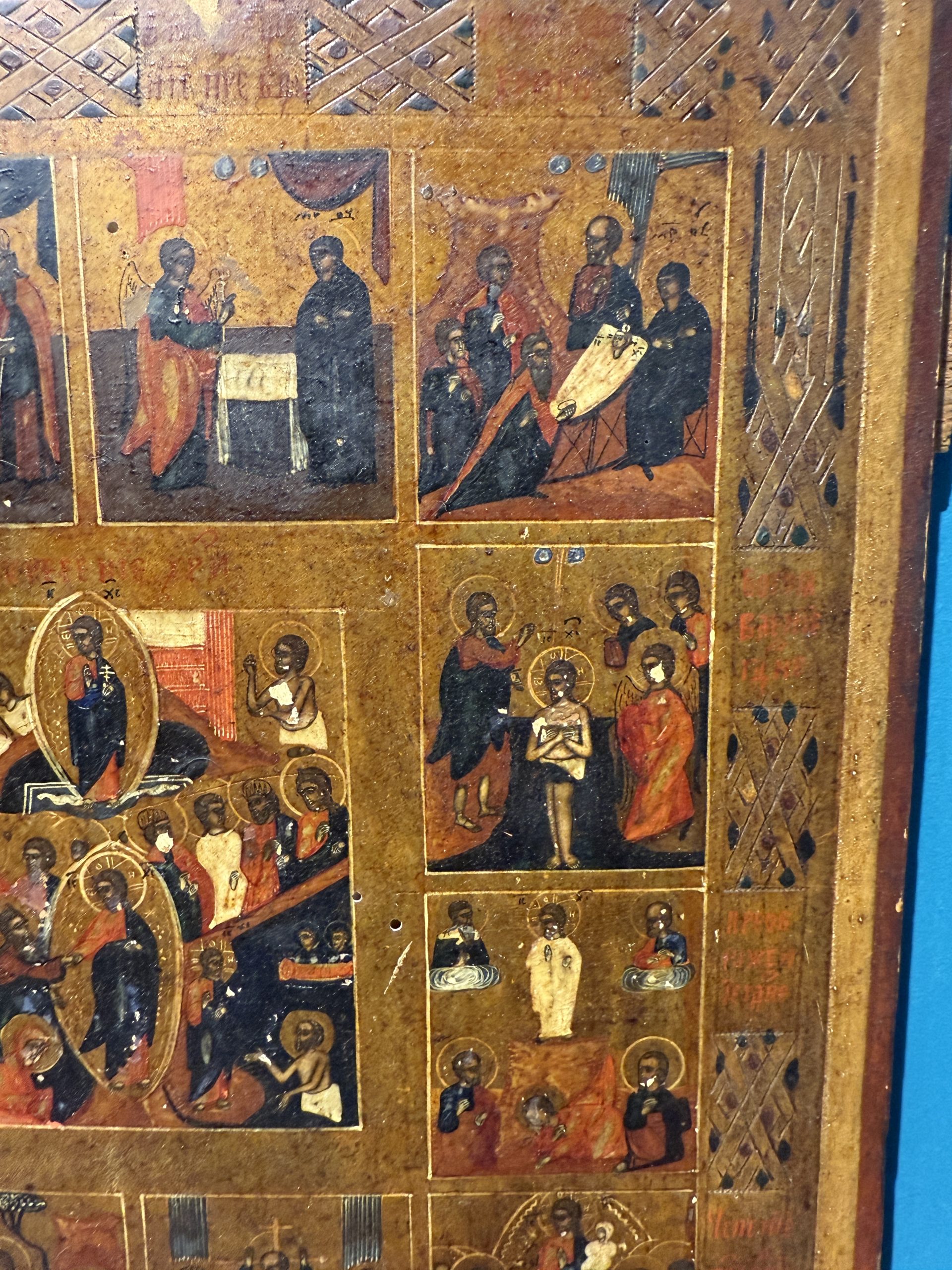 Antica Icona russa su tavola, raffigurante le Dodici Grandi Feste, Russia, XIX sec, 36x31cm - immagine 8