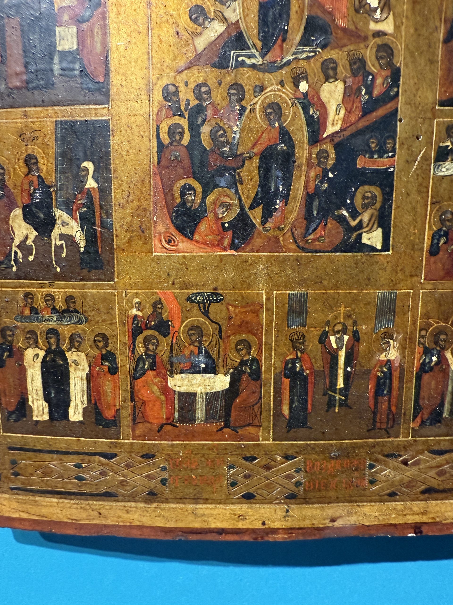 Antica Icona russa su tavola, raffigurante le Dodici Grandi Feste, Russia, XIX sec, 36x31cm - immagine 10