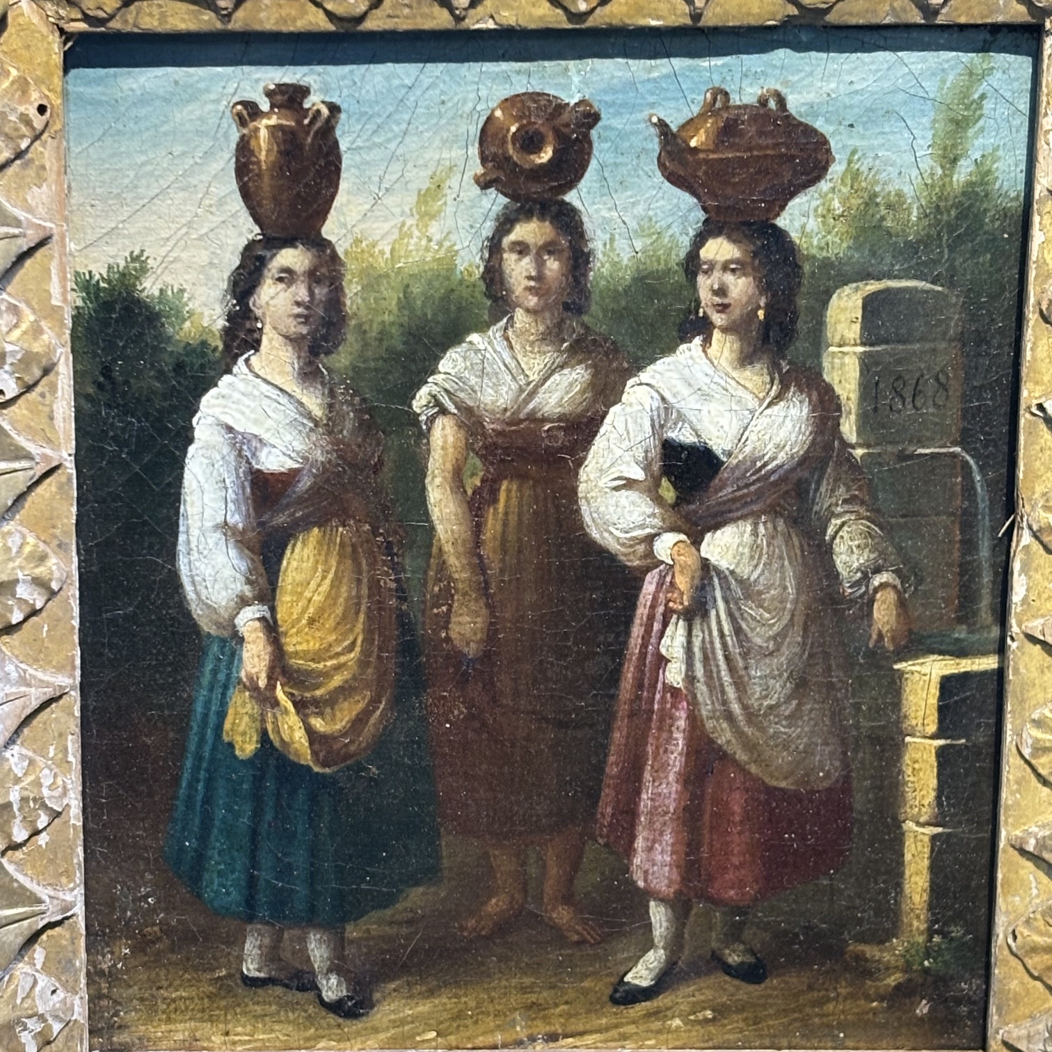 Antico dipinto olio su tela , tre popolane Ciociaria Arte popolare 1868 Mis 27 x 25 - immagine 2