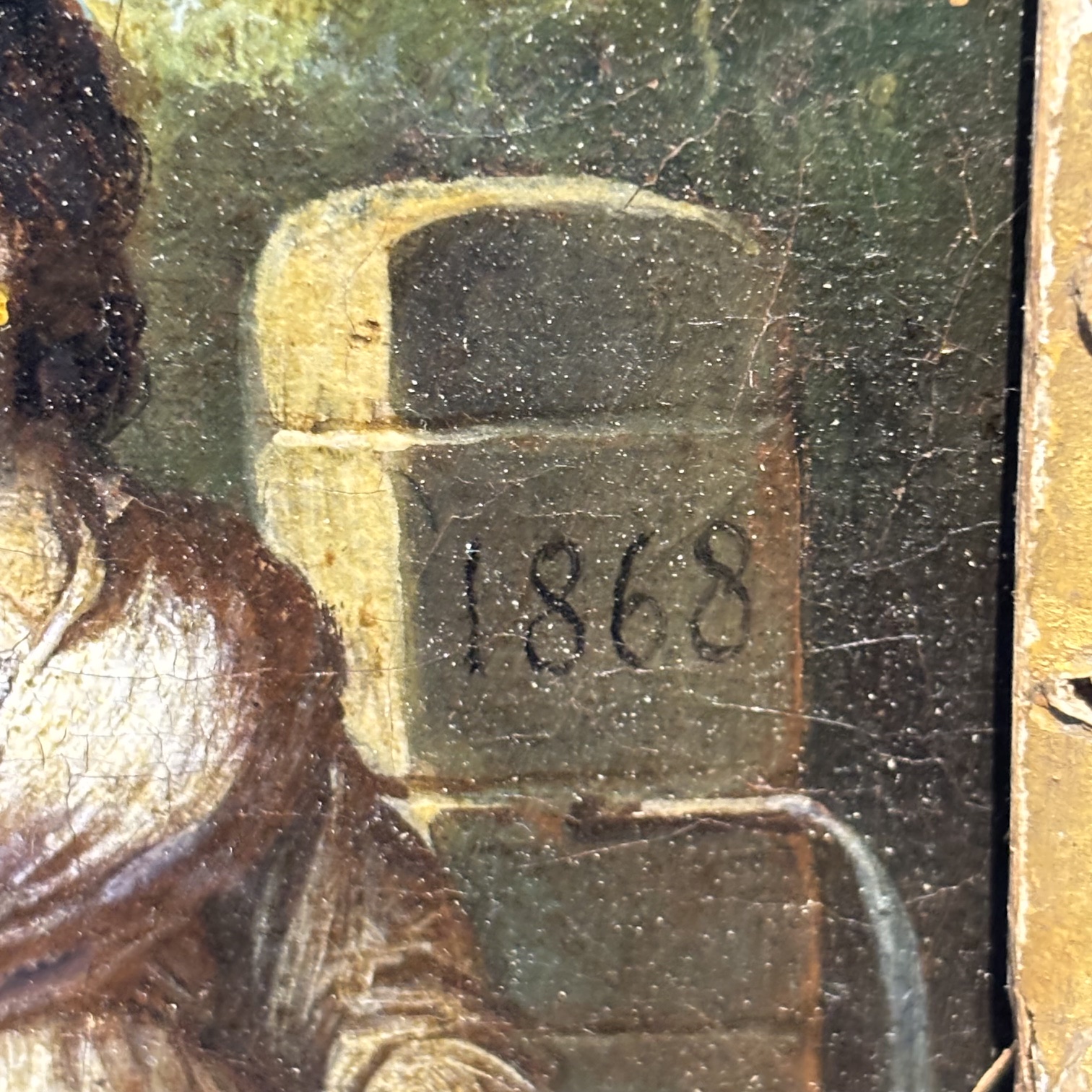 Antico dipinto olio su tela , tre popolane Ciociaria Arte popolare 1868 Mis 27 x 25 - immagine 3