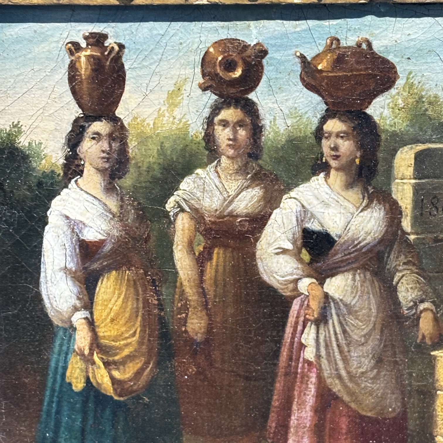 Antico dipinto olio su tela , tre popolane Ciociaria Arte popolare 1868 Mis 27 x 25 - immagine 4