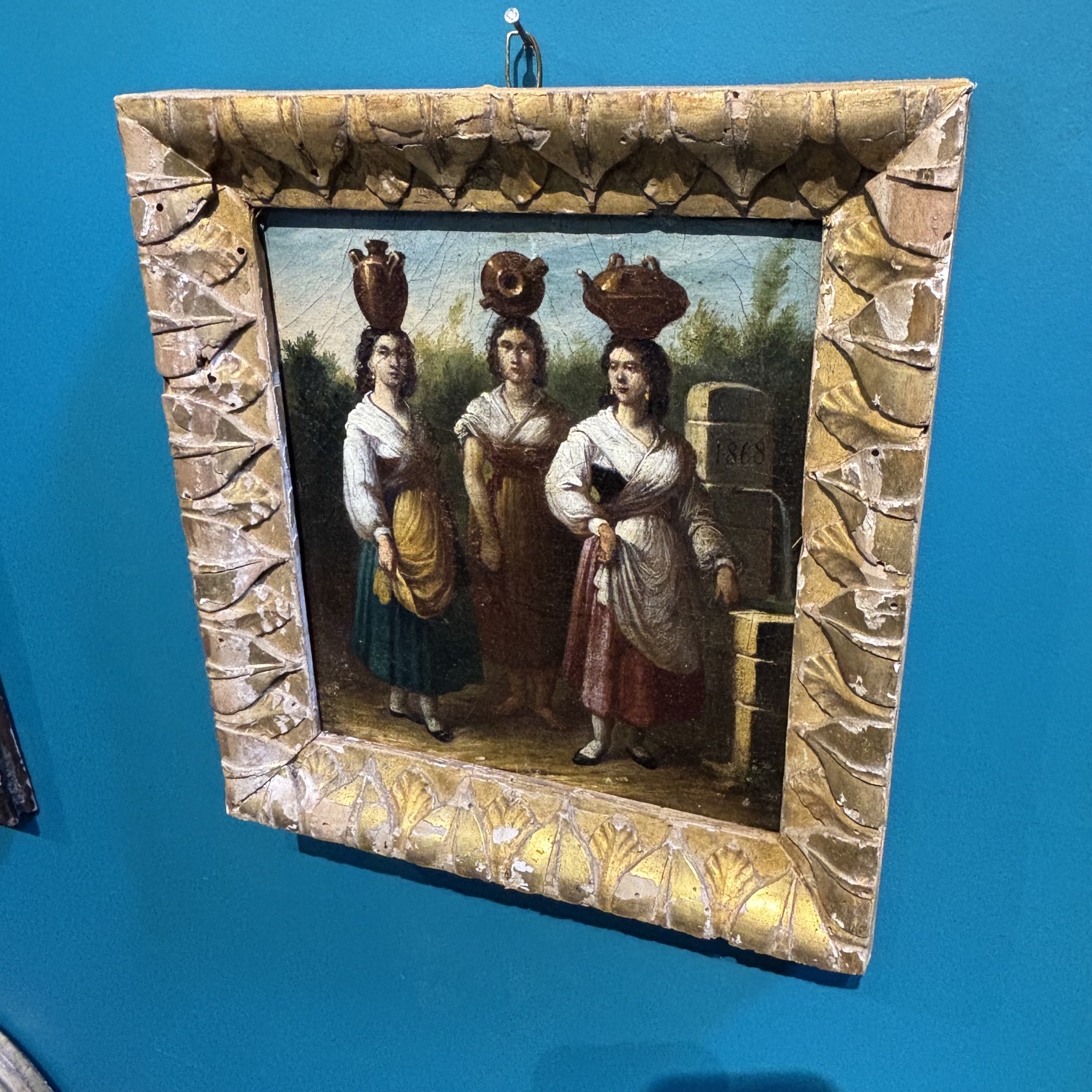 Antico dipinto olio su tela , tre popolane Ciociaria Arte popolare 1868 Mis 27 x 25 - immagine 8