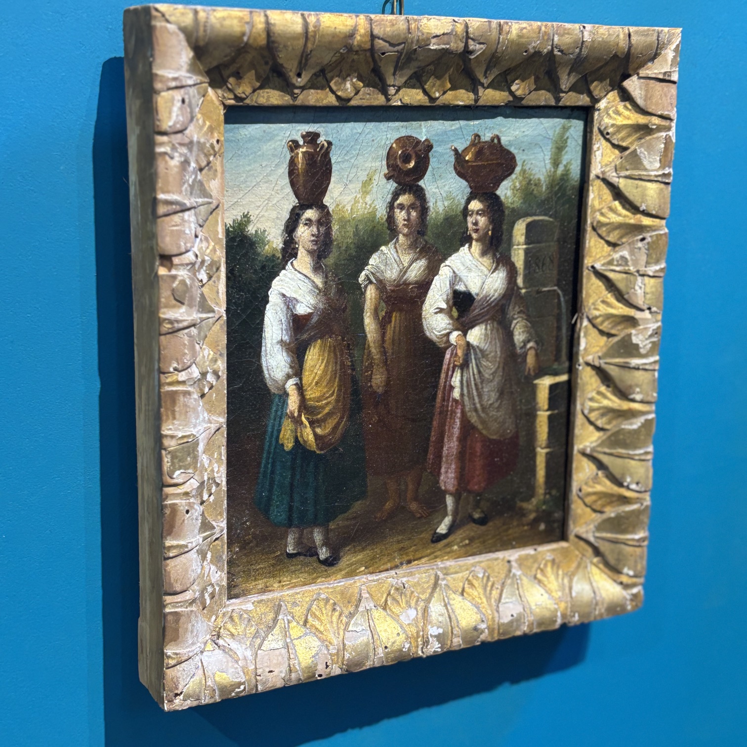 Antico dipinto olio su tela , tre popolane Ciociaria Arte popolare 1868 Mis 27 x 25 - immagine 9