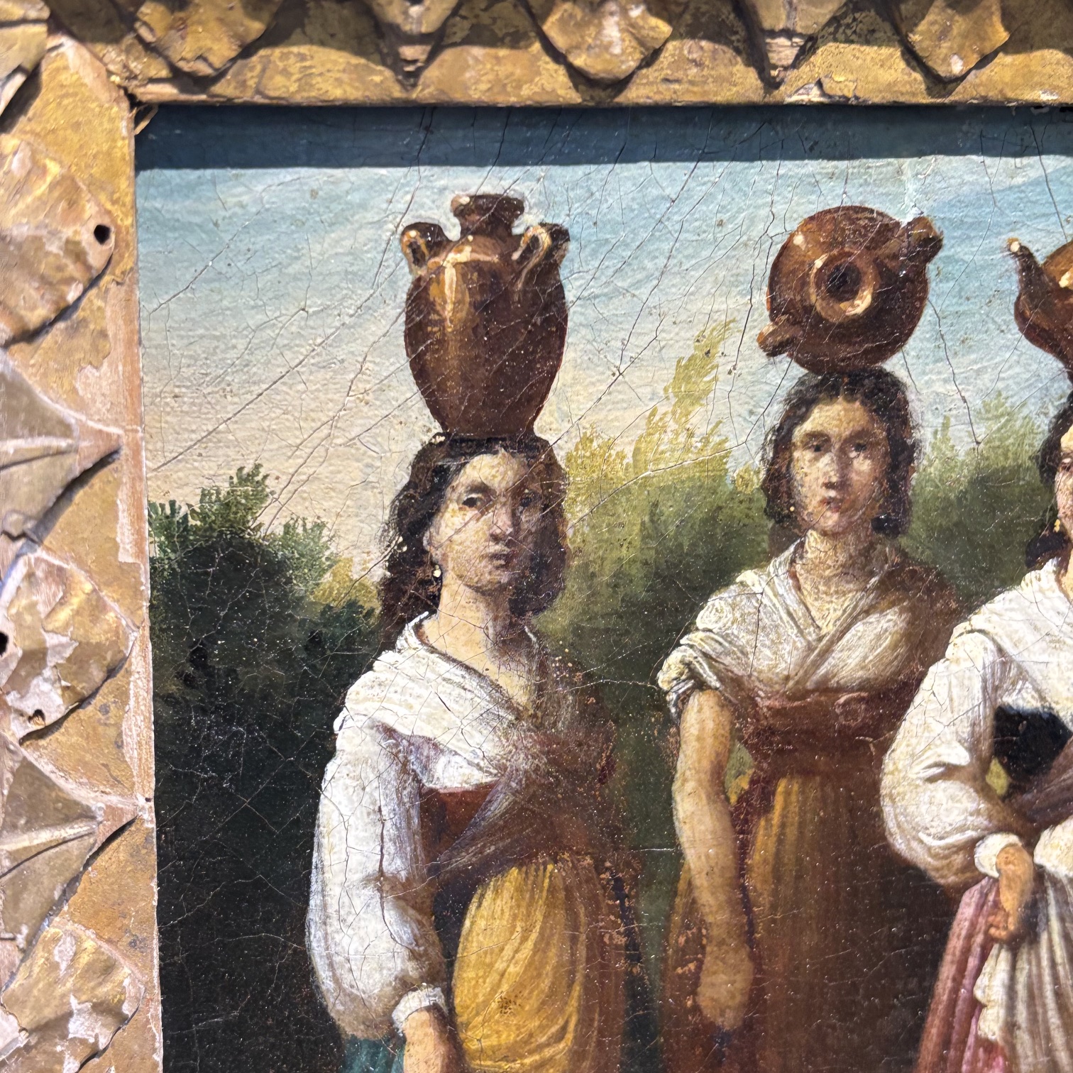 Antico dipinto olio su tela , tre popolane Ciociaria Arte popolare 1868 Mis 27 x 25 - immagine 10