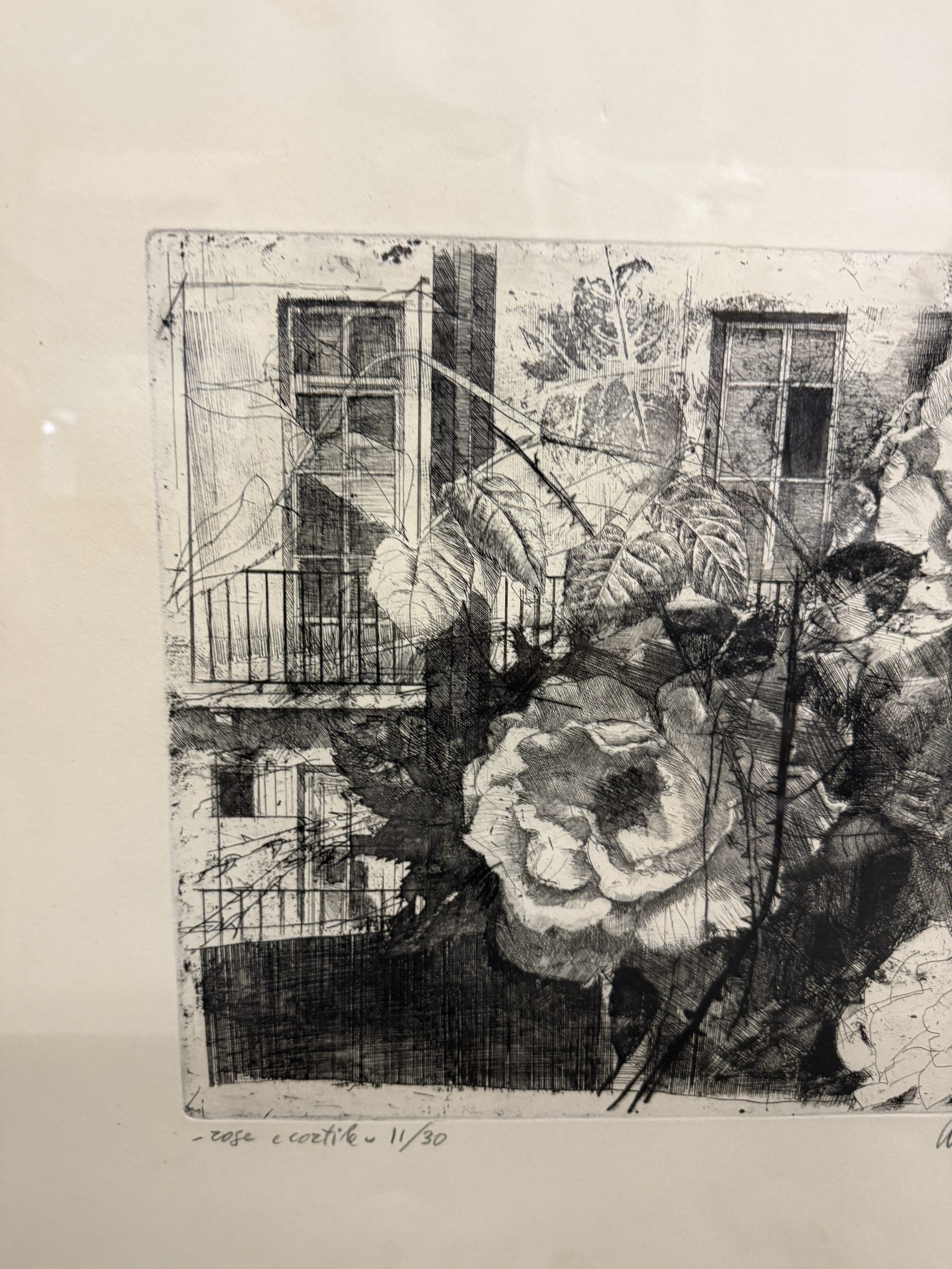Antica incisione Mario Calandri "Rose nel cortile" N11/30 - immagine 3
