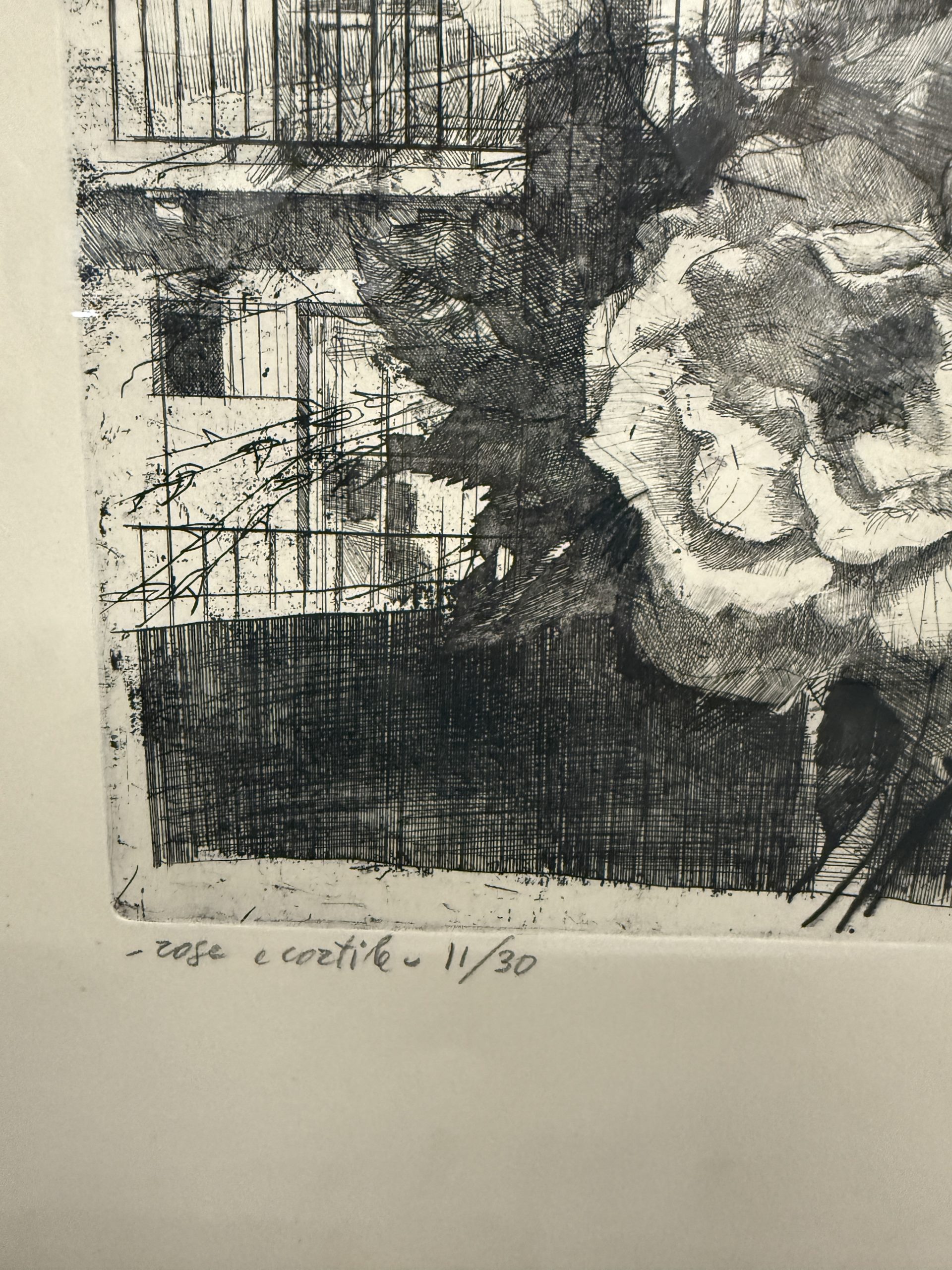 Antica incisione Mario Calandri "Rose nel cortile" N11/30 - immagine 4