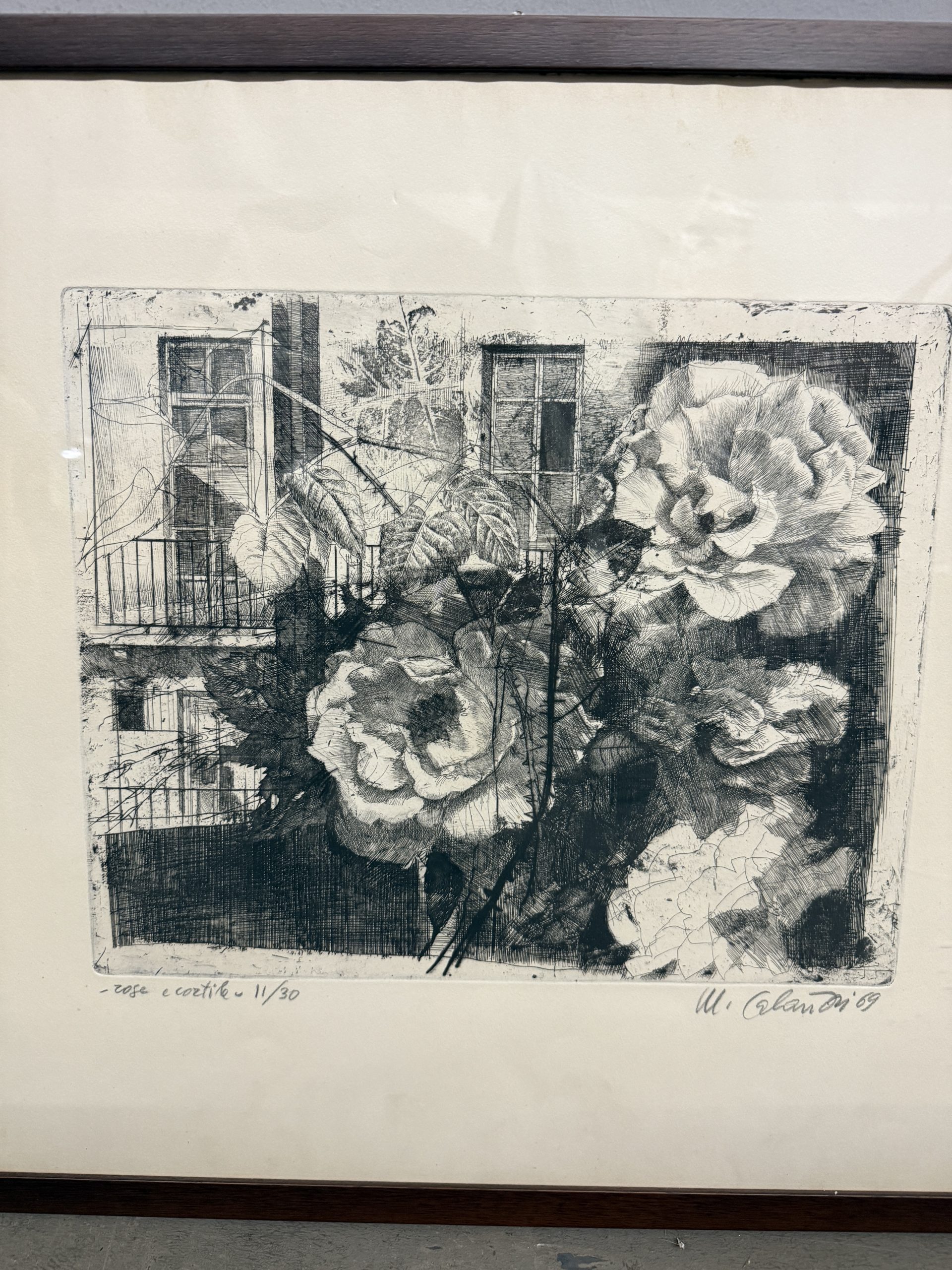 Antica incisione Mario Calandri "Rose nel cortile" N11/30 - immagine 9