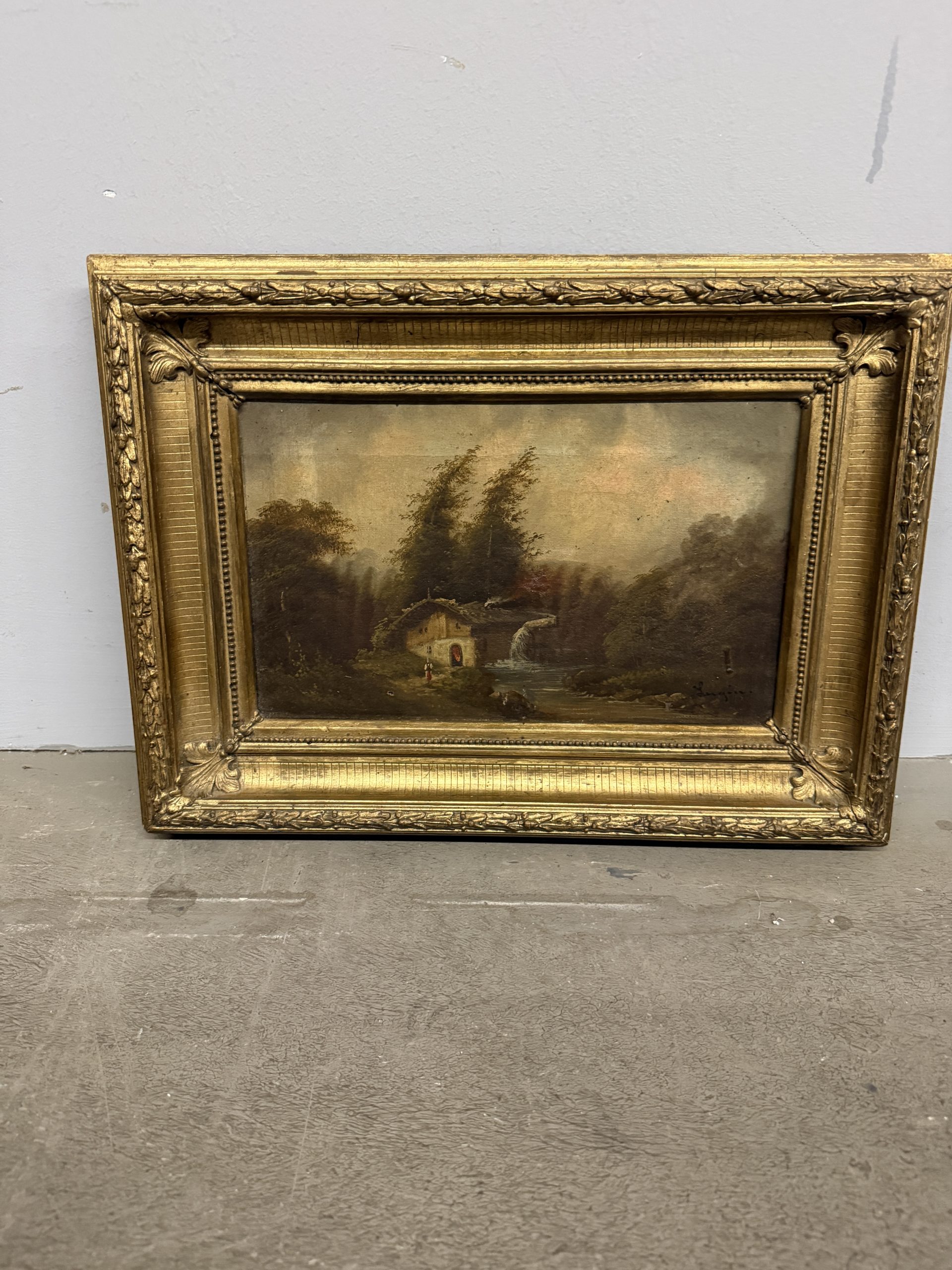 Antico dipinto ad olio Paesaggio in cornice dorata firmato XIX sec, 48x37 cm - immagine 2