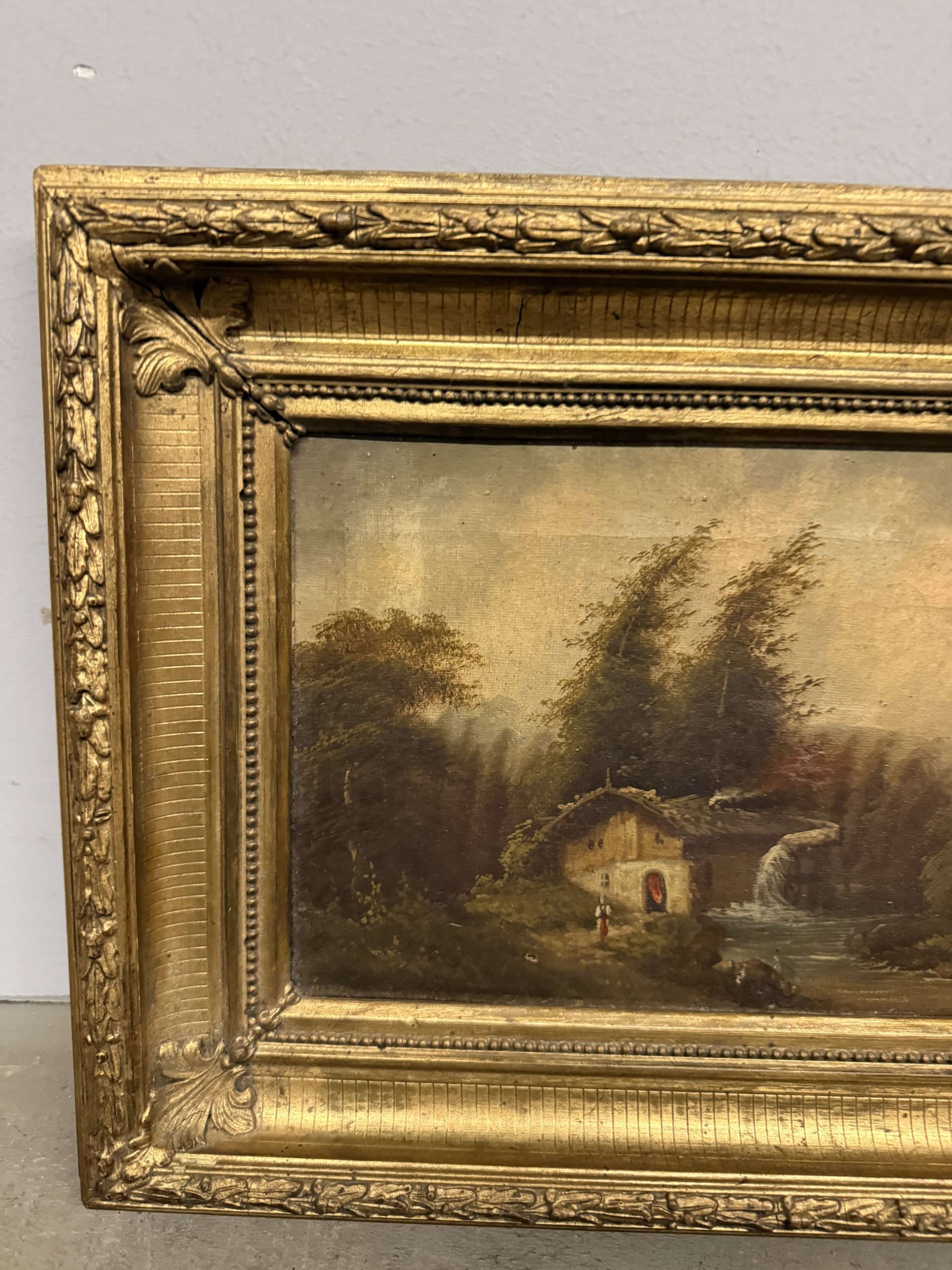 Antico dipinto ad olio Paesaggio in cornice dorata firmato XIX sec, 48x37 cm - immagine 3