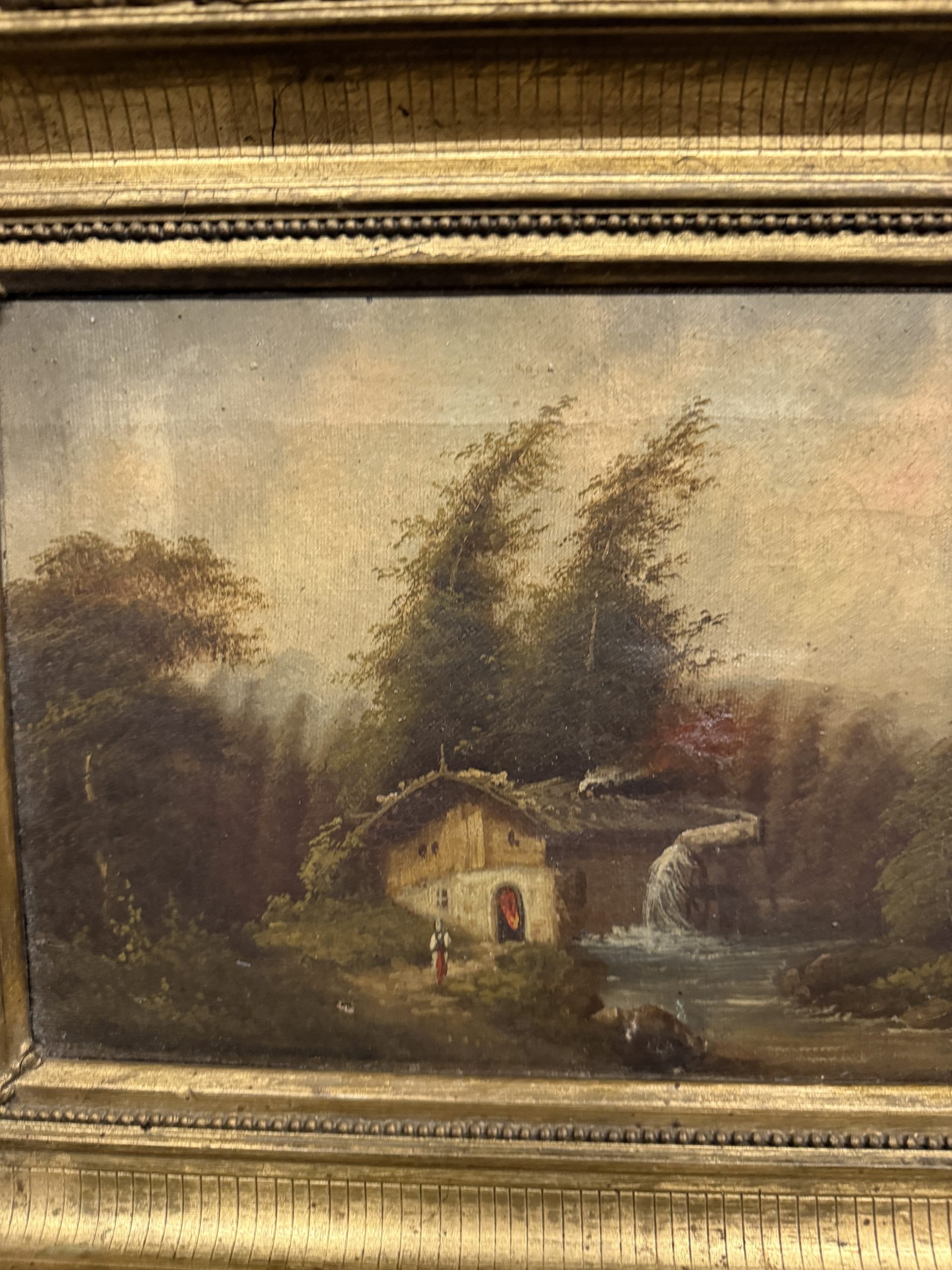 Antico dipinto ad olio Paesaggio in cornice dorata firmato XIX sec, 48x37 cm - immagine 4