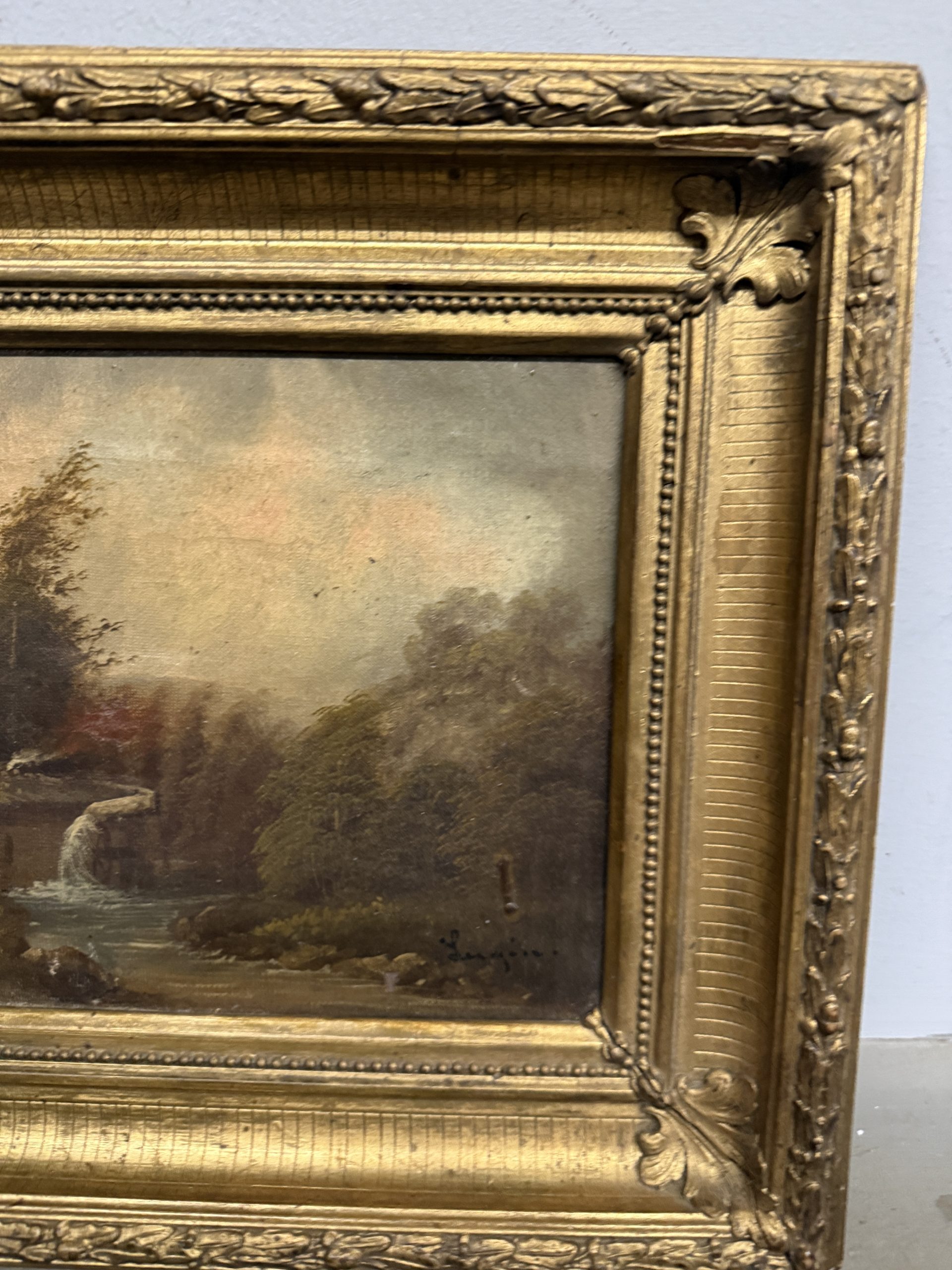 Antico dipinto ad olio Paesaggio in cornice dorata firmato XIX sec, 48x37 cm - immagine 5