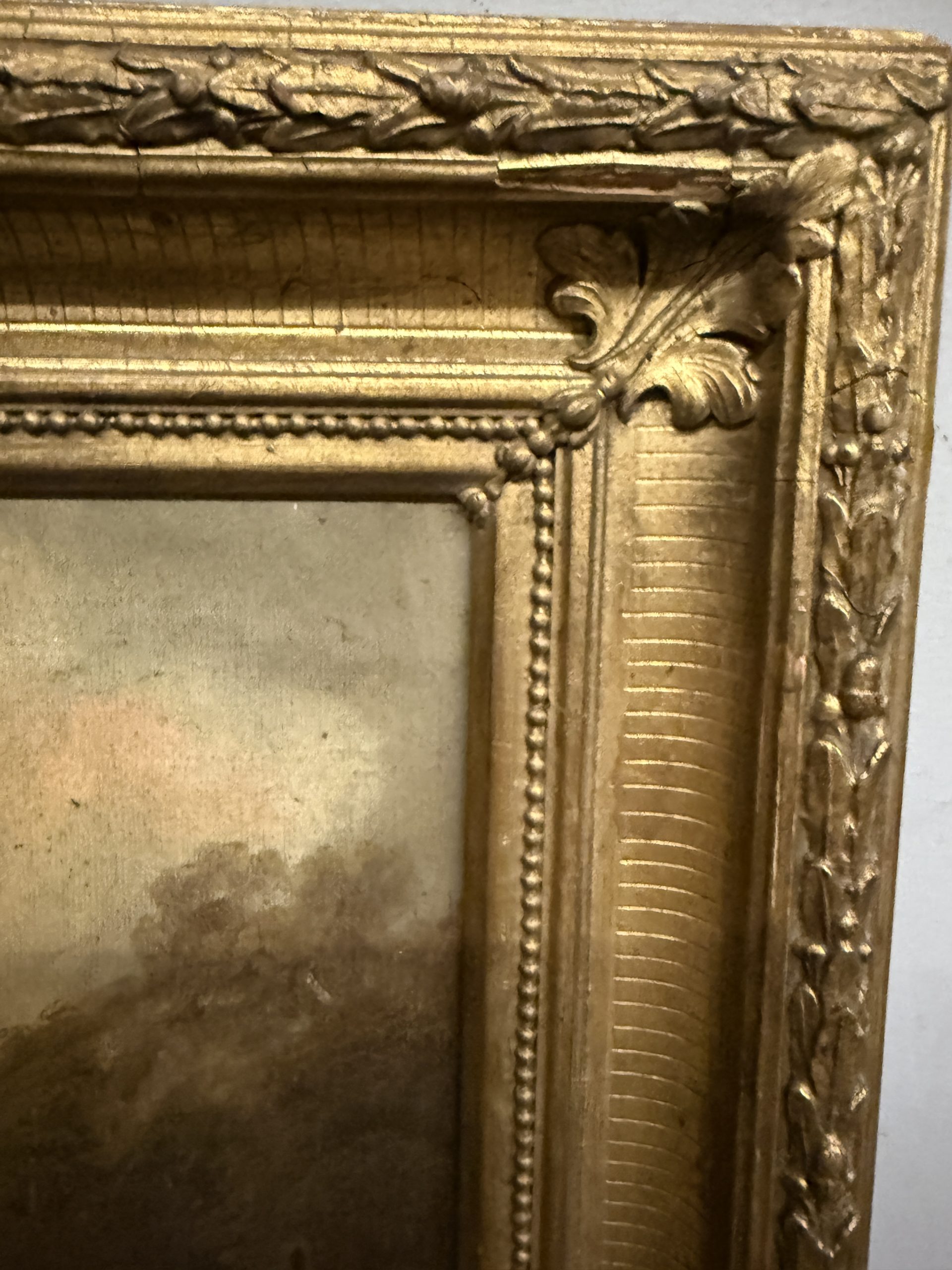 Antico dipinto ad olio Paesaggio in cornice dorata firmato XIX sec, 48x37 cm - immagine 6