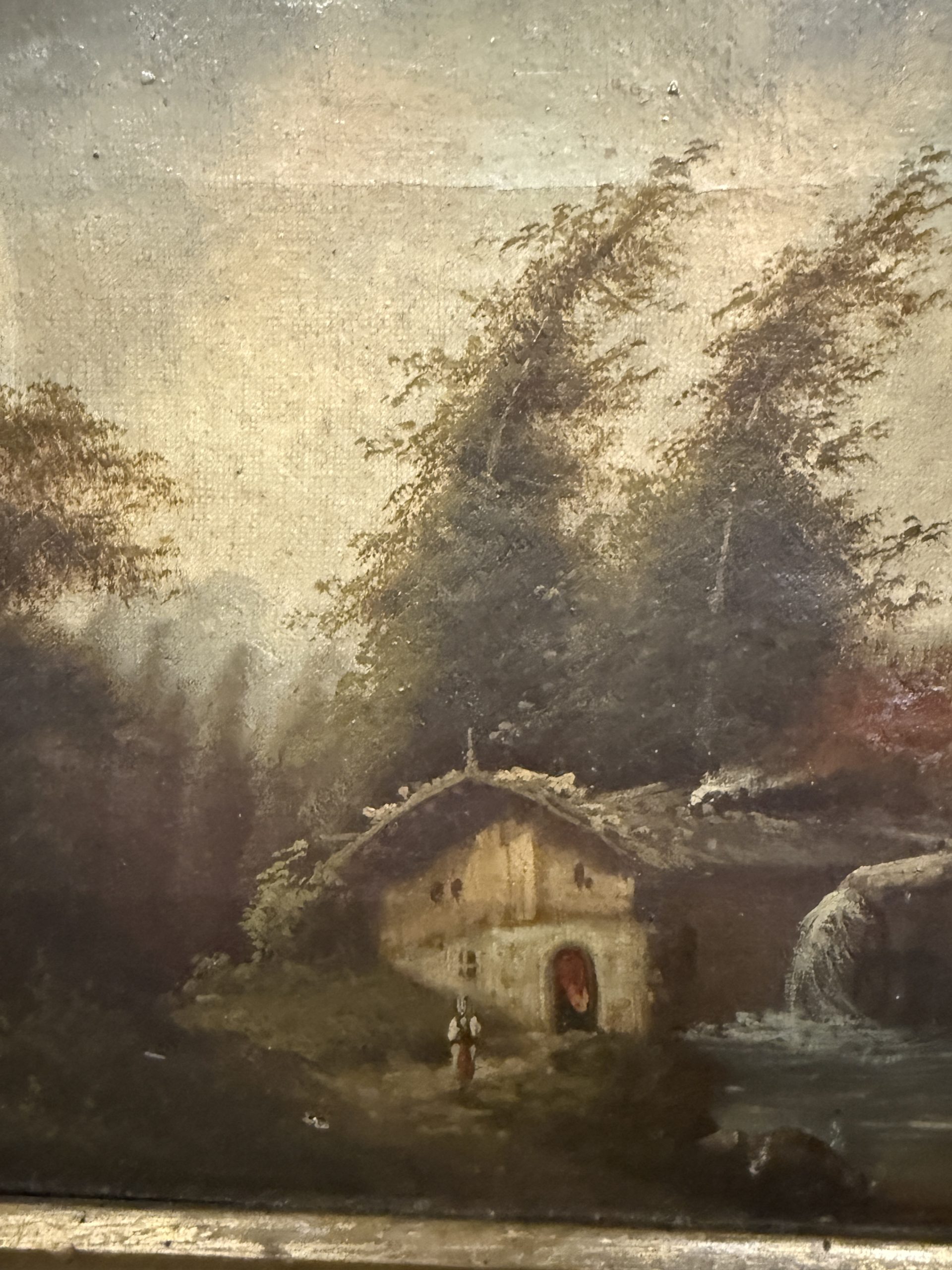 Antico dipinto ad olio Paesaggio in cornice dorata firmato XIX sec, 48x37 cm - immagine 7
