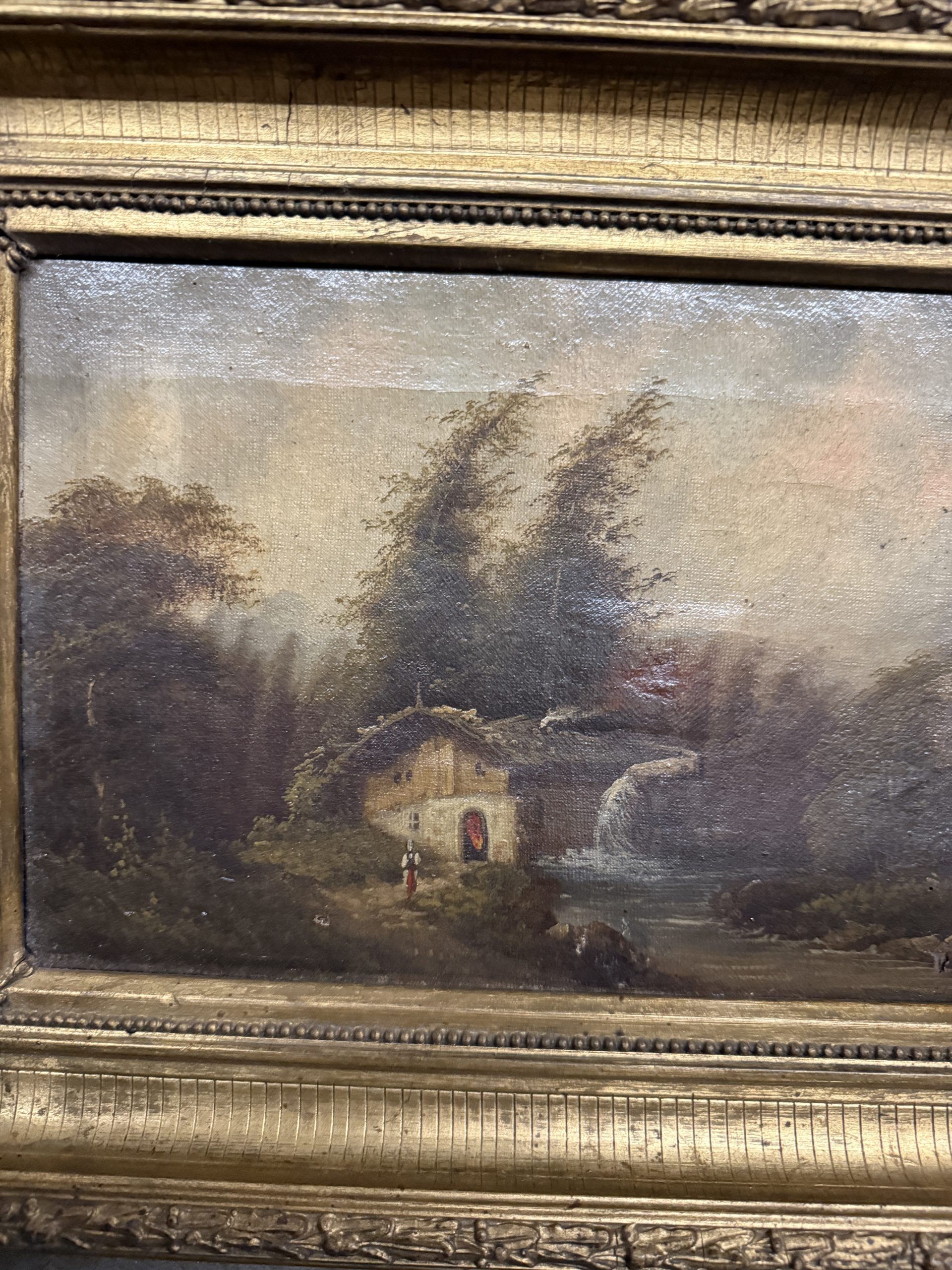 Antico dipinto ad olio Paesaggio in cornice dorata firmato XIX sec, 48x37 cm - immagine 8