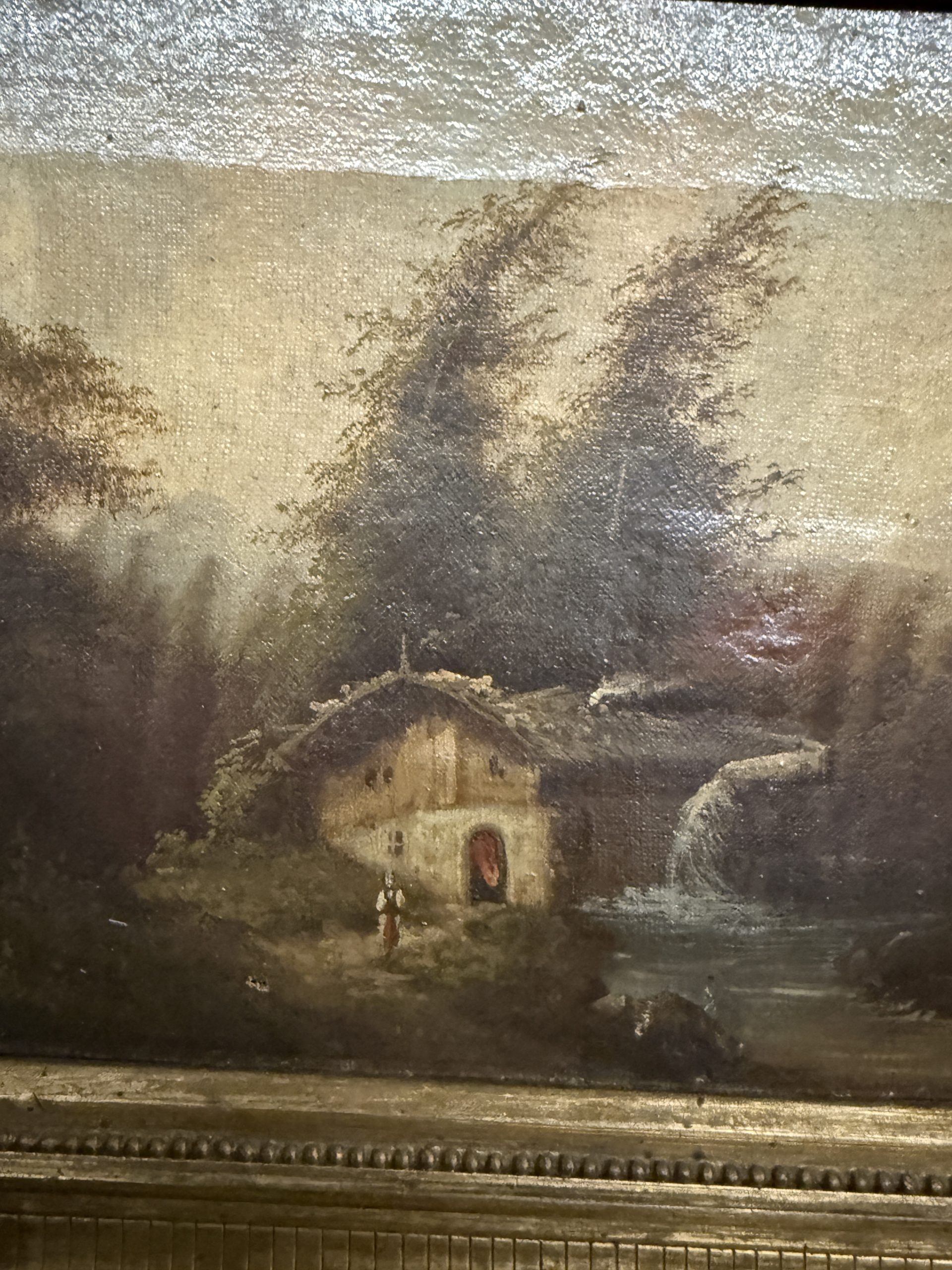 Antico dipinto ad olio Paesaggio in cornice dorata firmato XIX sec, 48x37 cm - immagine 9