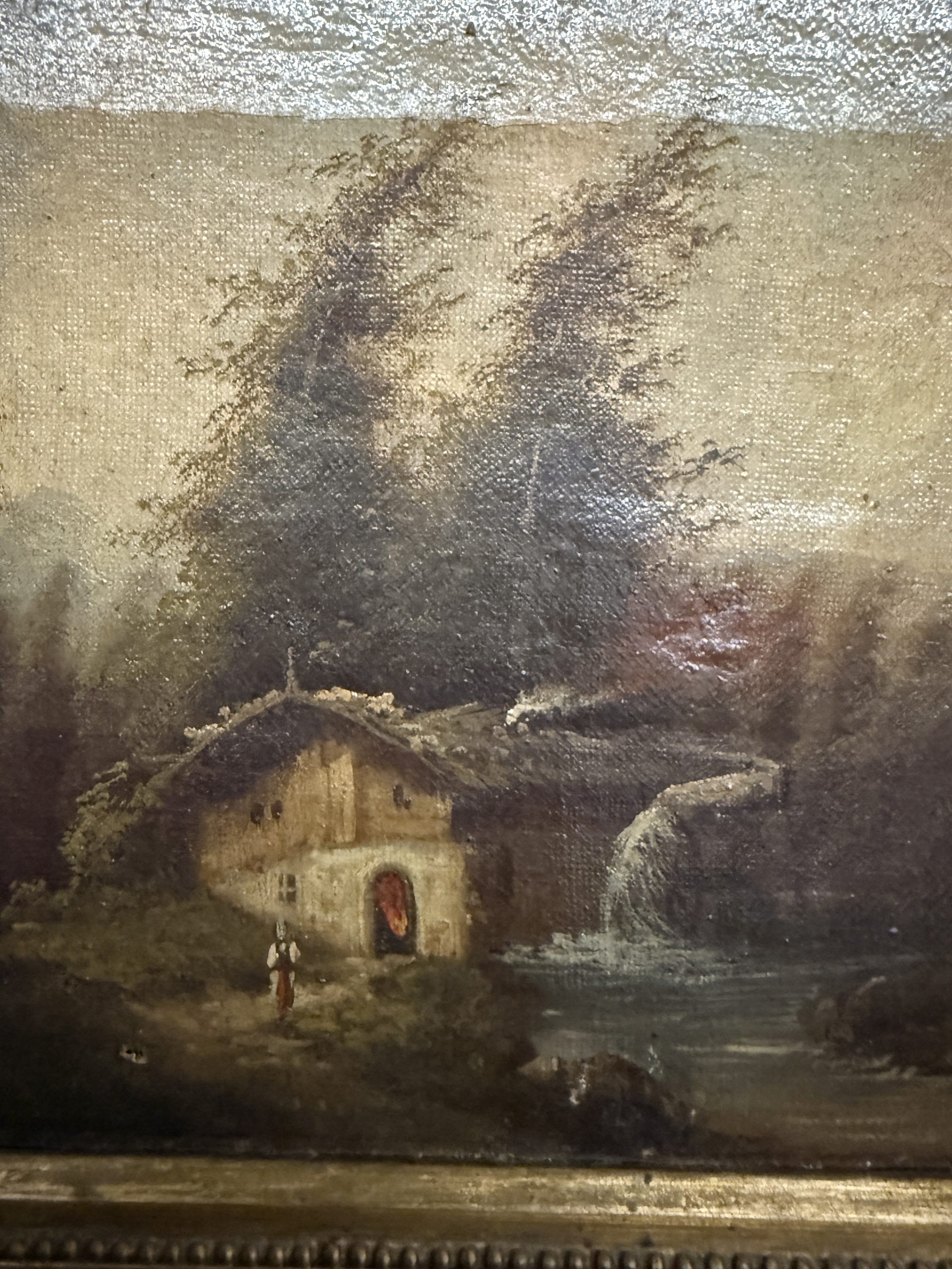Antico dipinto ad olio Paesaggio in cornice dorata firmato XIX sec, 48x37 cm - immagine 10