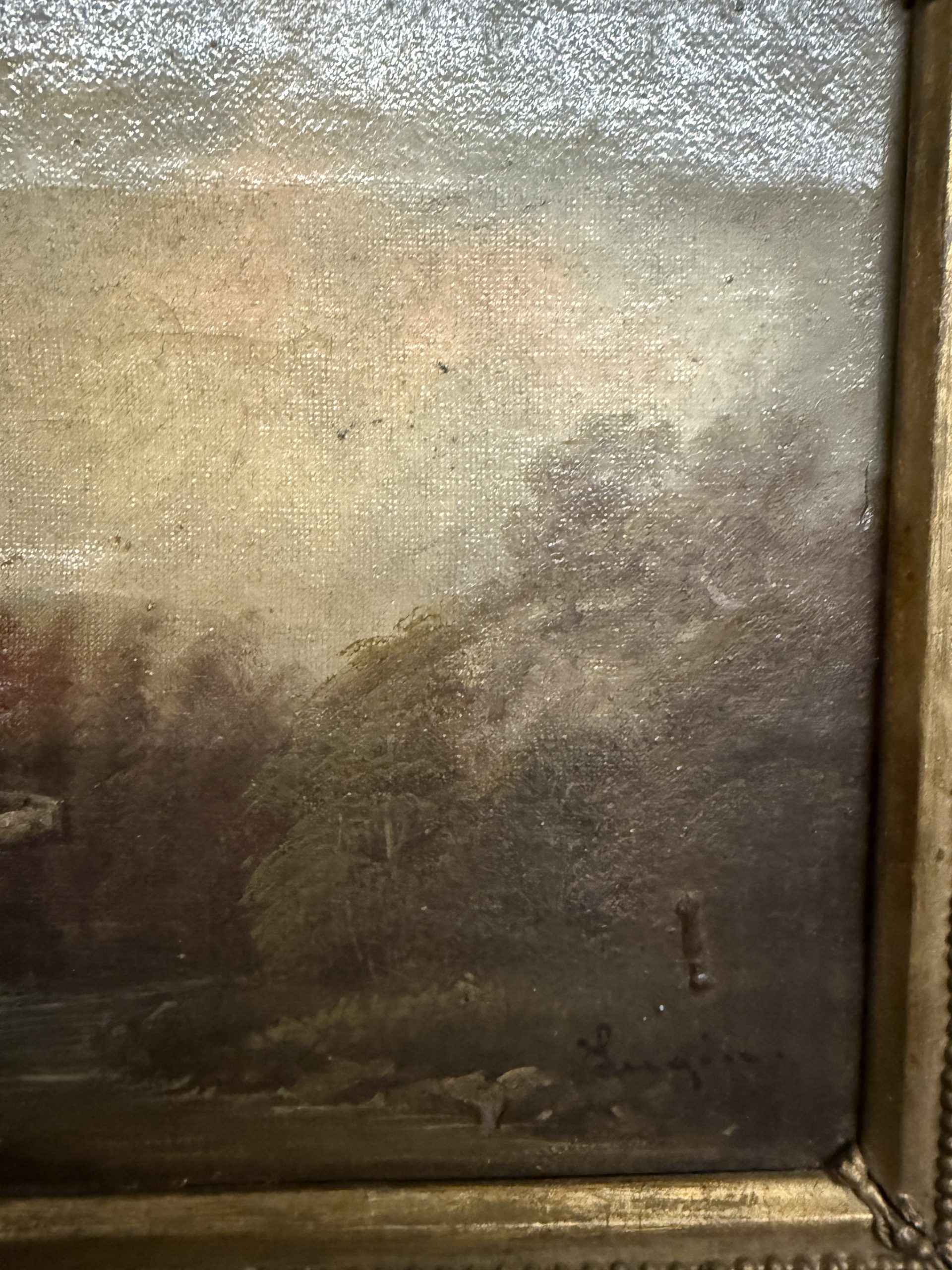 Antico dipinto ad olio Paesaggio in cornice dorata firmato XIX sec, 48x37 cm - immagine 11
