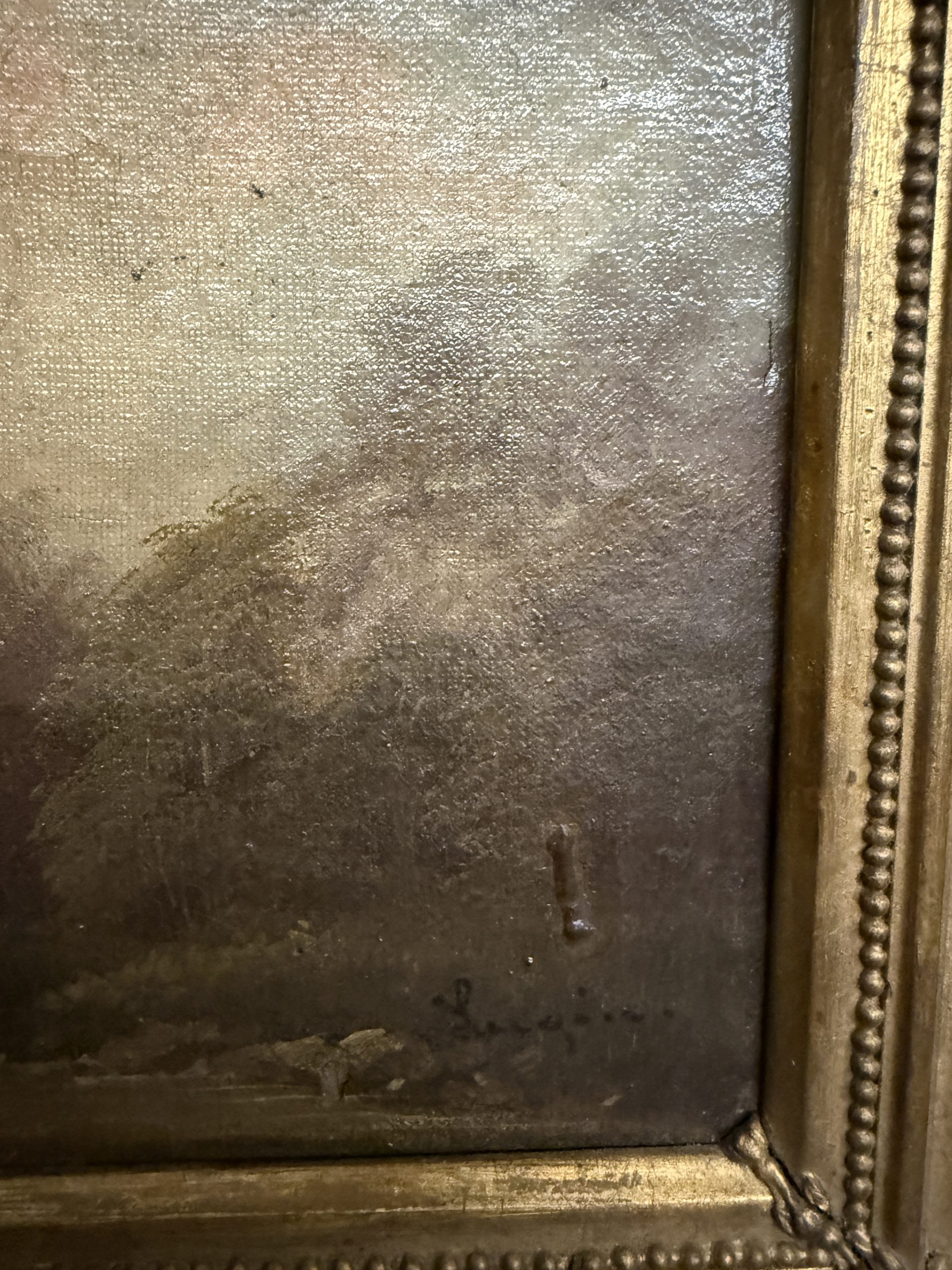 Antico dipinto ad olio Paesaggio in cornice dorata firmato XIX sec, 48x37 cm - immagine 12