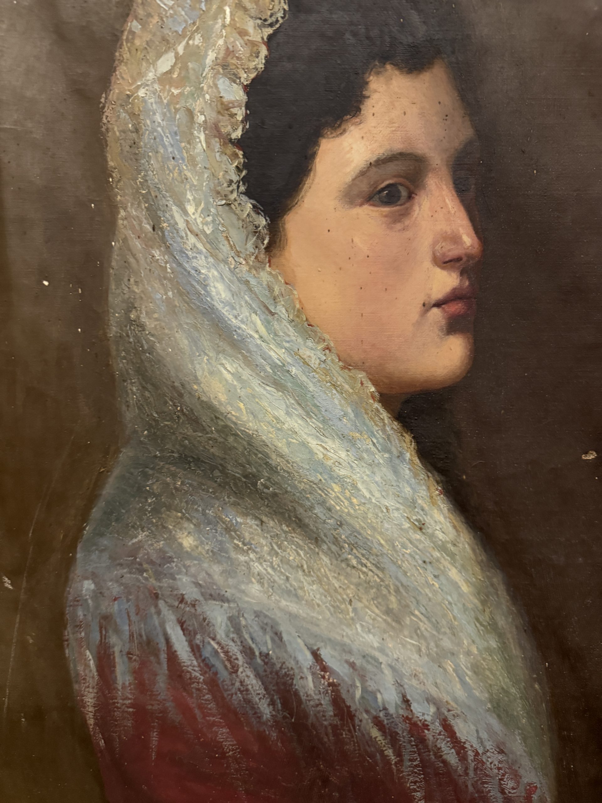 Antico dipinto olio su tela ritratto di signora, XIX sec, 53x40cm - immagine 2