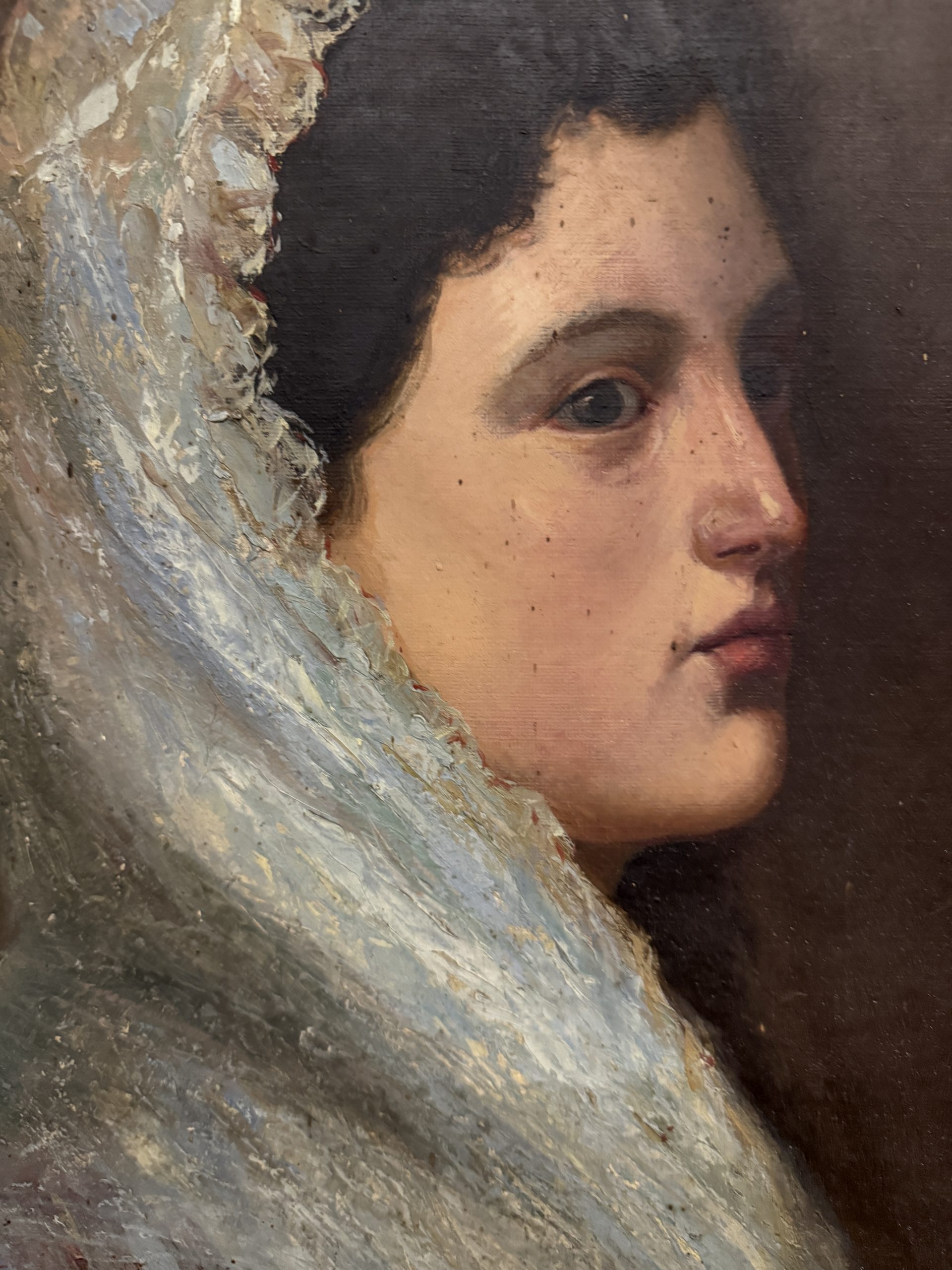 Antico dipinto olio su tela ritratto di signora, XIX sec, 53x40cm - immagine 3