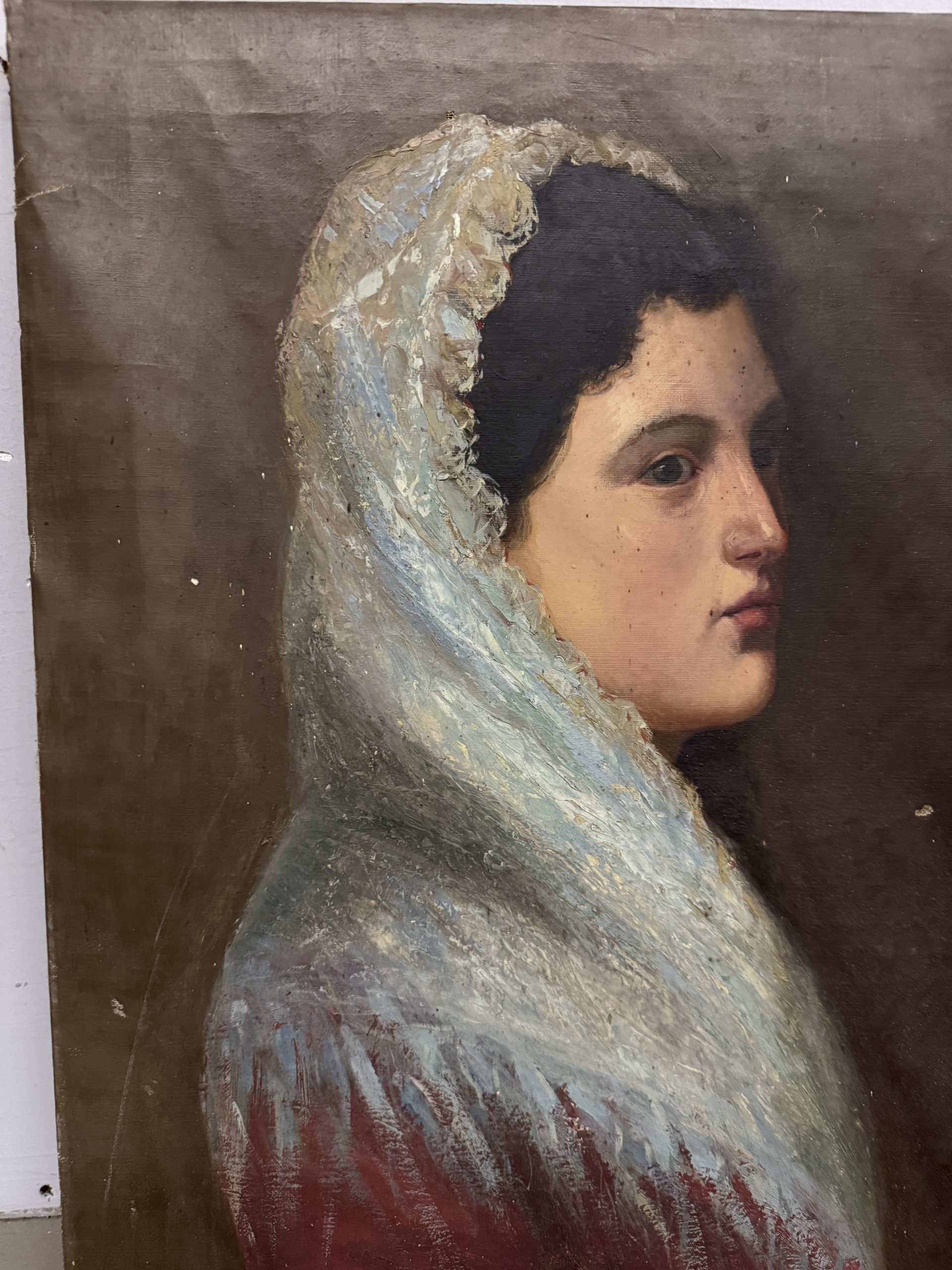 Antico dipinto olio su tela ritratto di signora, XIX sec, 53x40cm - immagine 6