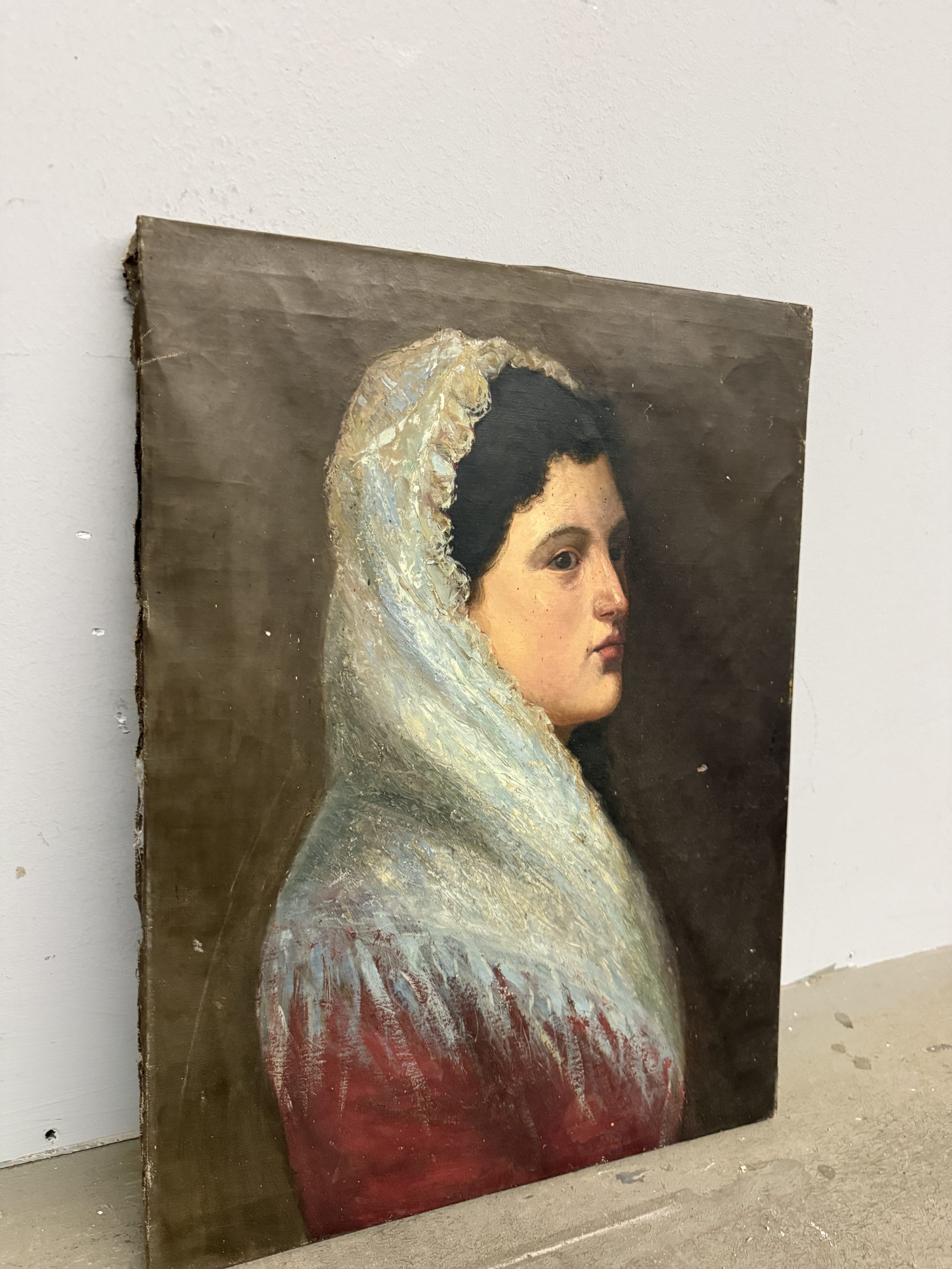 Antico dipinto olio su tela ritratto di signora, XIX sec, 53x40cm - immagine 7