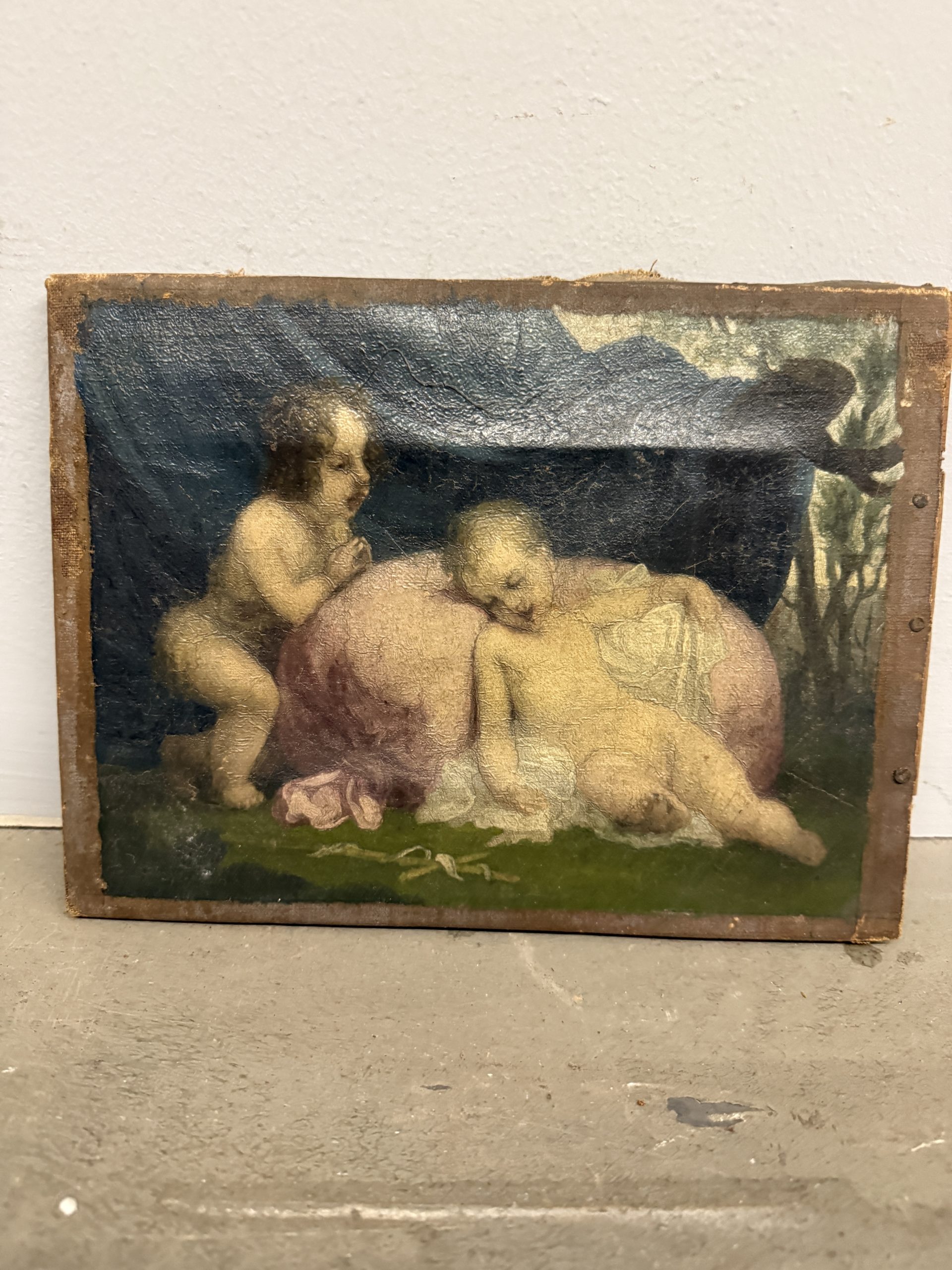 Antico dipinto olio su tela, putti festanti, primi 900 Liberty sec, 26x20cm - immagine 2