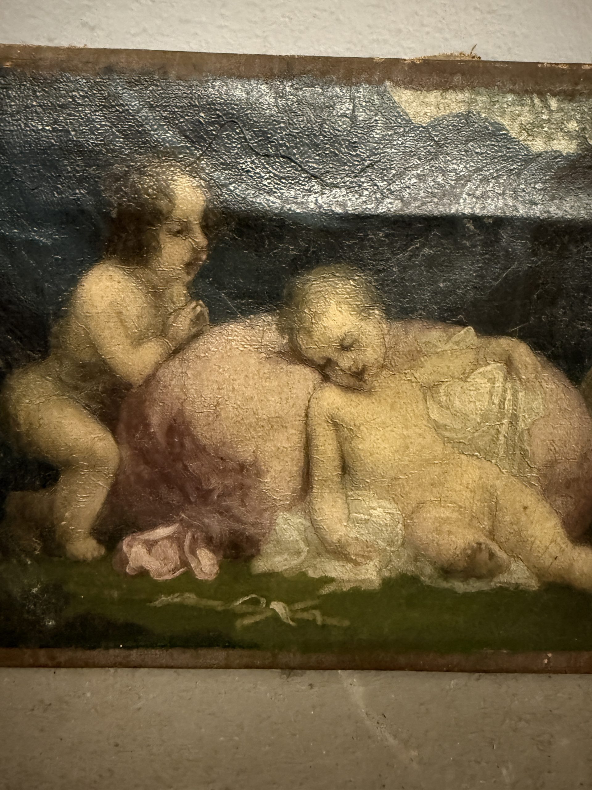 Antico dipinto olio su tela, putti festanti, primi 900 Liberty sec, 26x20cm - immagine 3