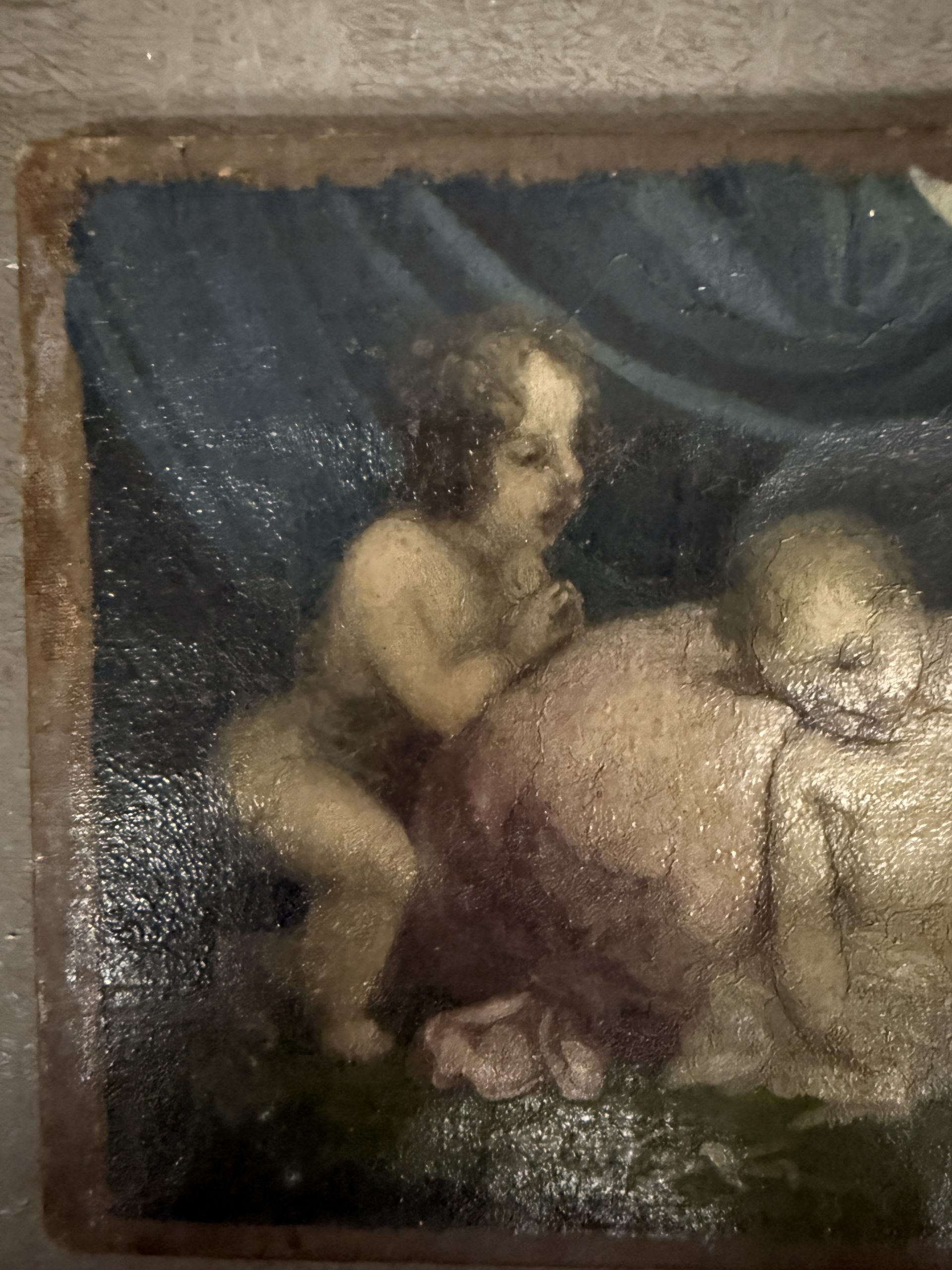 Antico dipinto olio su tela, putti festanti, primi 900 Liberty sec, 26x20cm - immagine 4