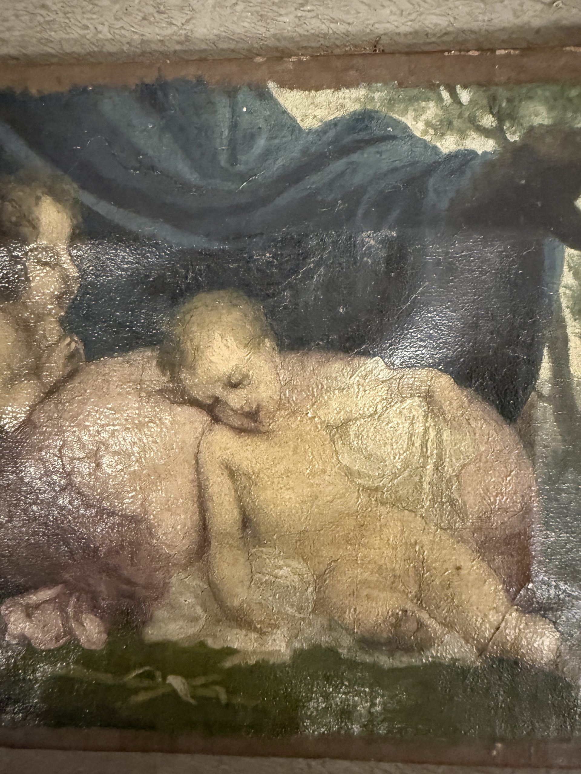 Antico dipinto olio su tela, putti festanti, primi 900 Liberty sec, 26x20cm - immagine 5