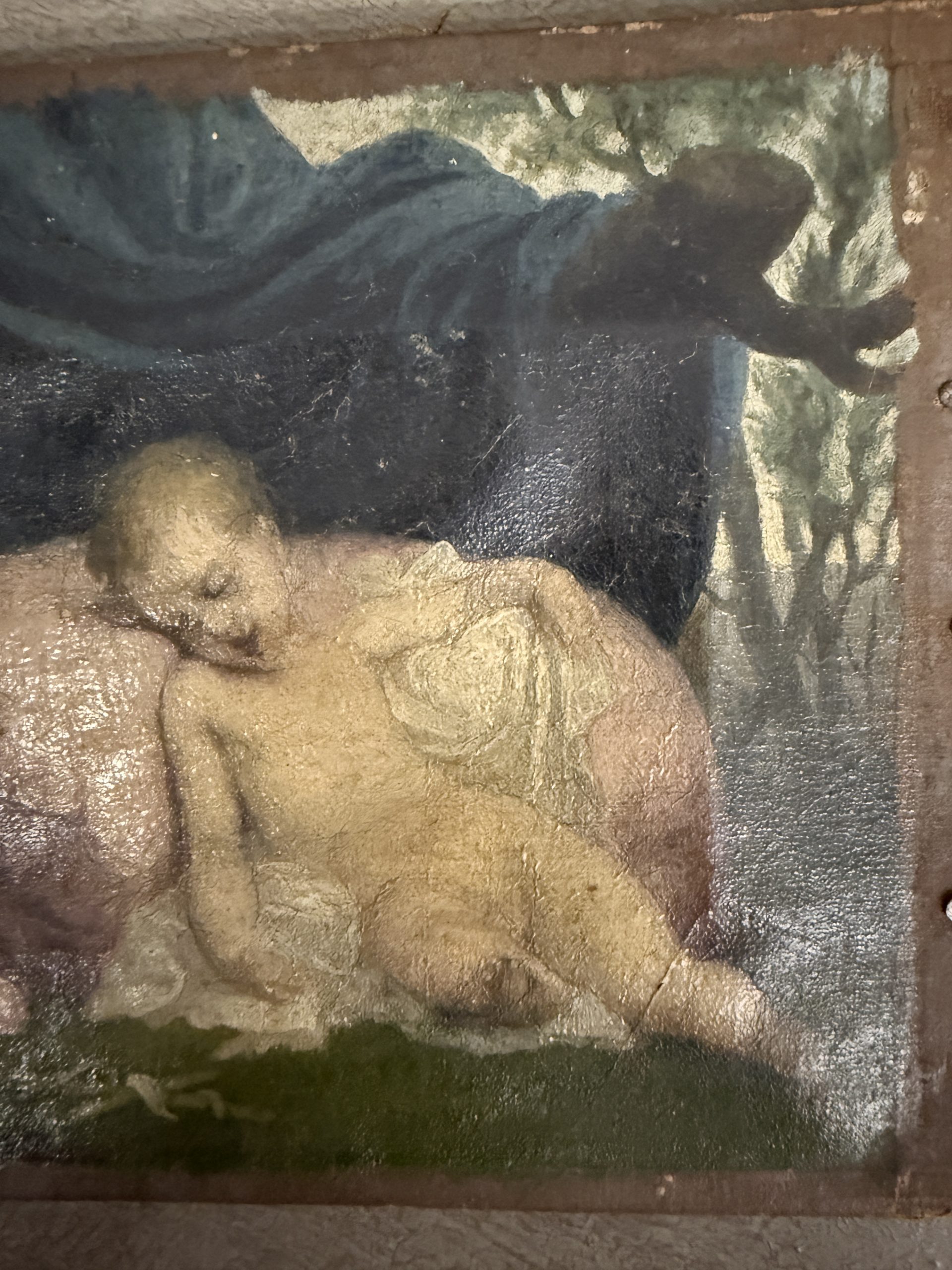 Antico dipinto olio su tela, putti festanti, primi 900 Liberty sec, 26x20cm - immagine 6