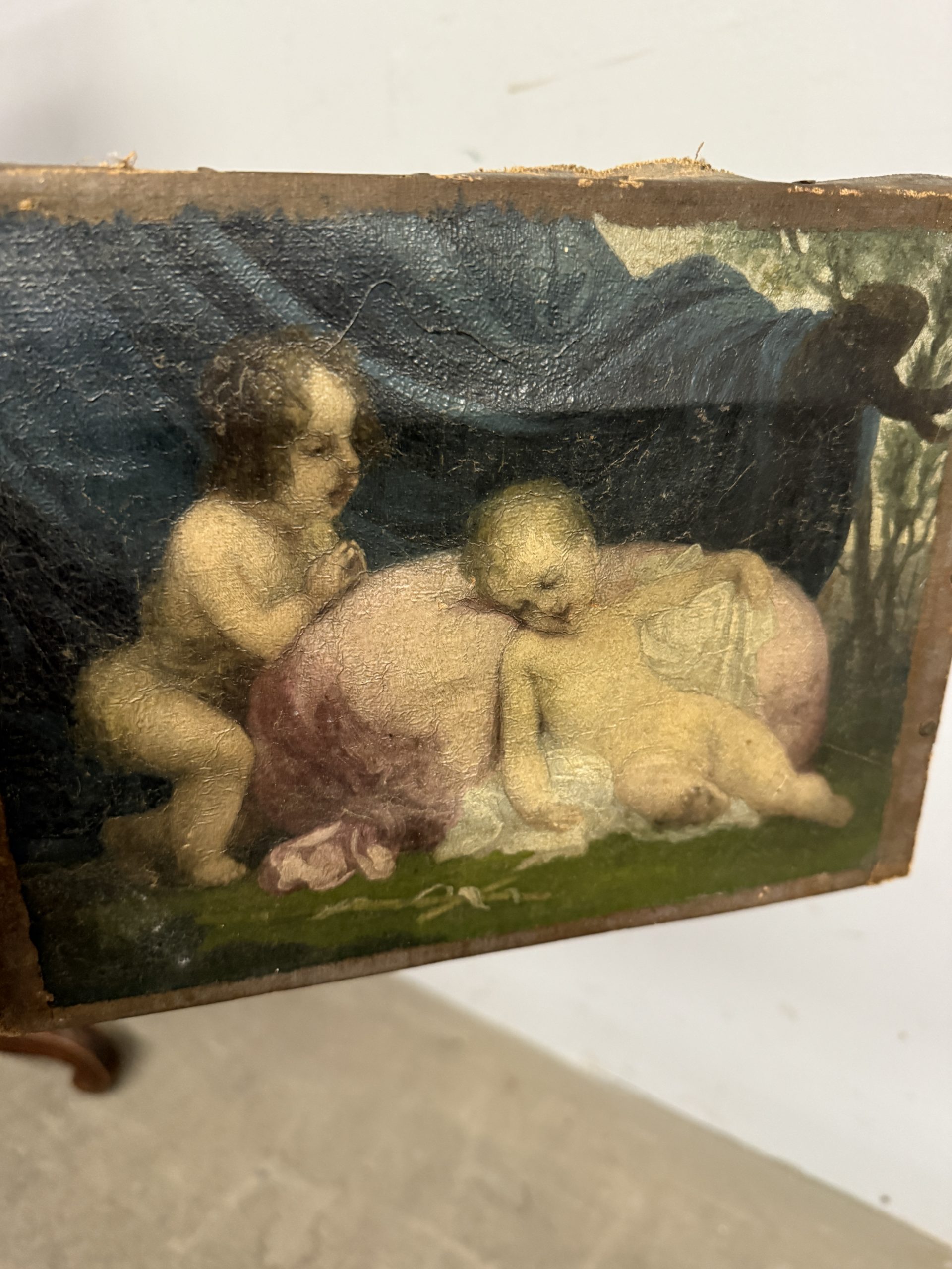 Antico dipinto olio su tela, putti festanti, primi 900 Liberty sec, 26x20cm - immagine 7