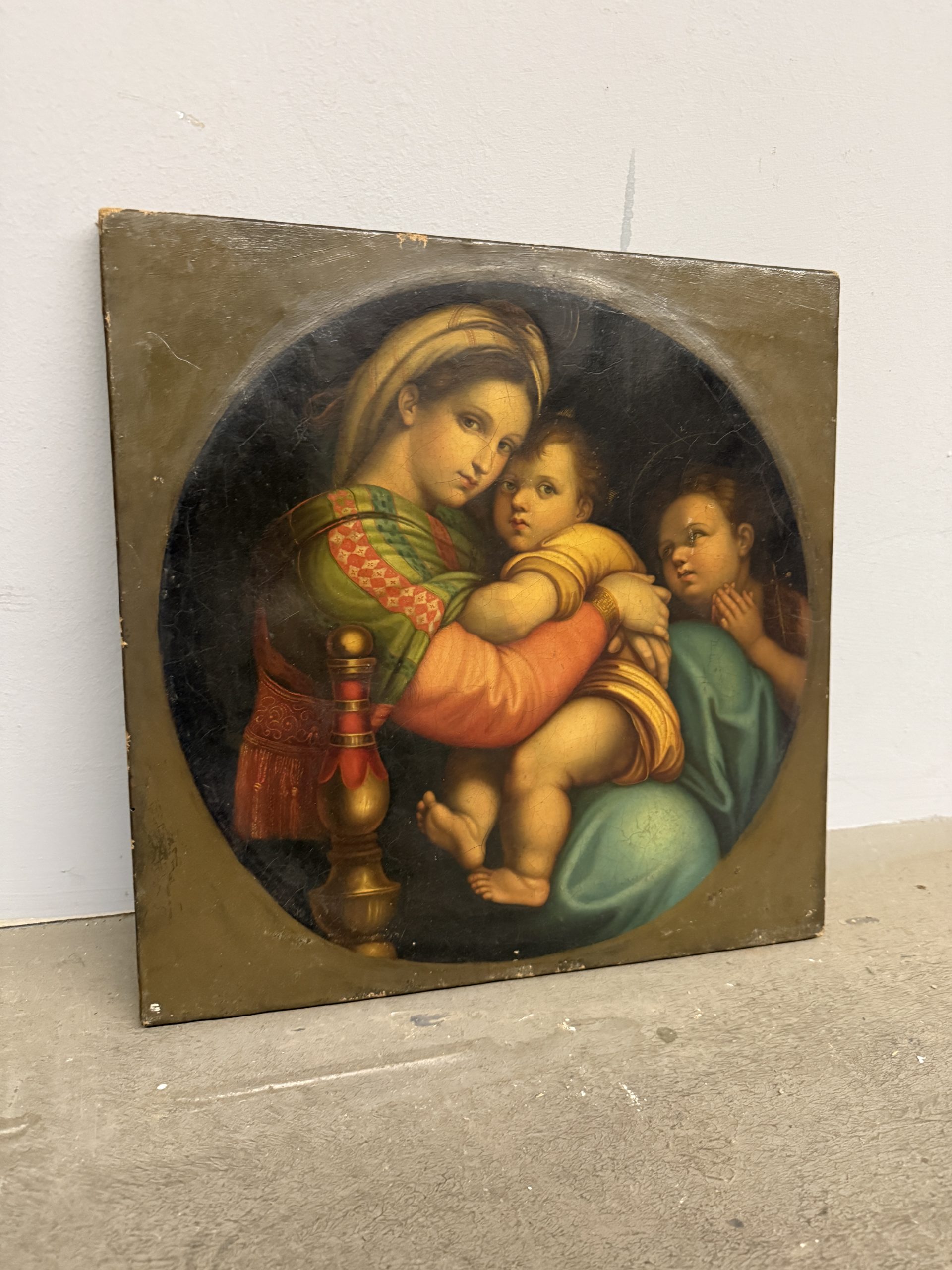 Antico dipinto olio su tela '800 Madonna della seggiola, 40x40cm, stato molto buono - immagine 3