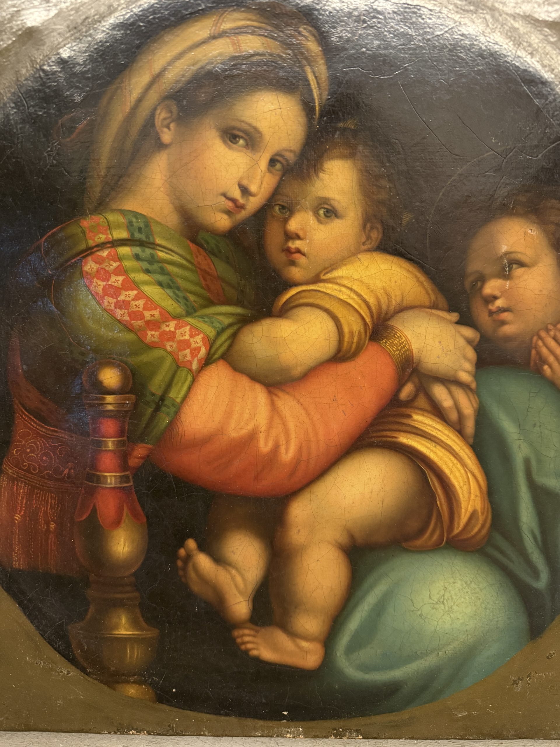 Antico dipinto olio su tela '800 Madonna della seggiola, 40x40cm, stato molto buono - immagine 4
