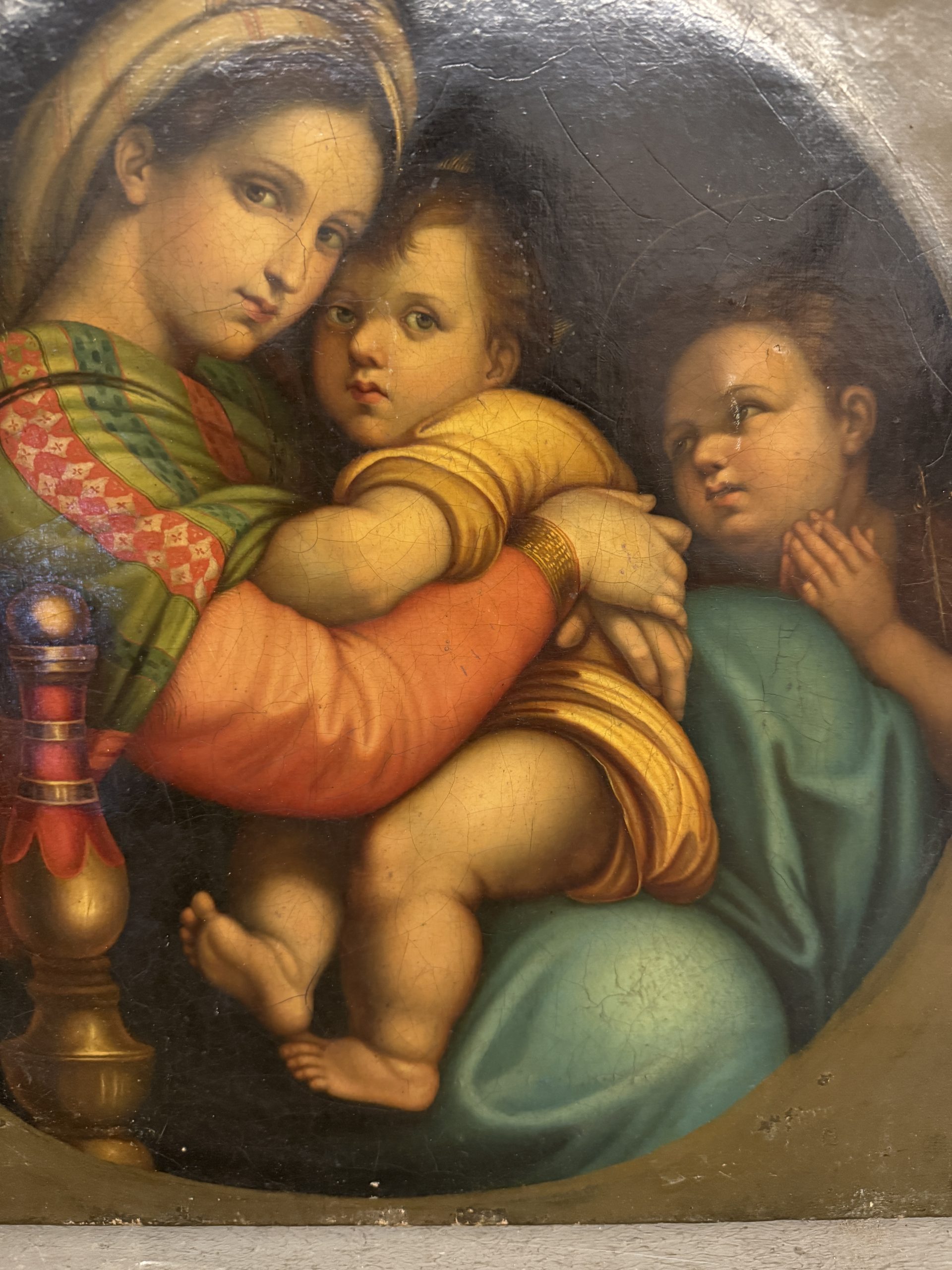 Antico dipinto olio su tela '800 Madonna della seggiola, 40x40cm, stato molto buono - immagine 5