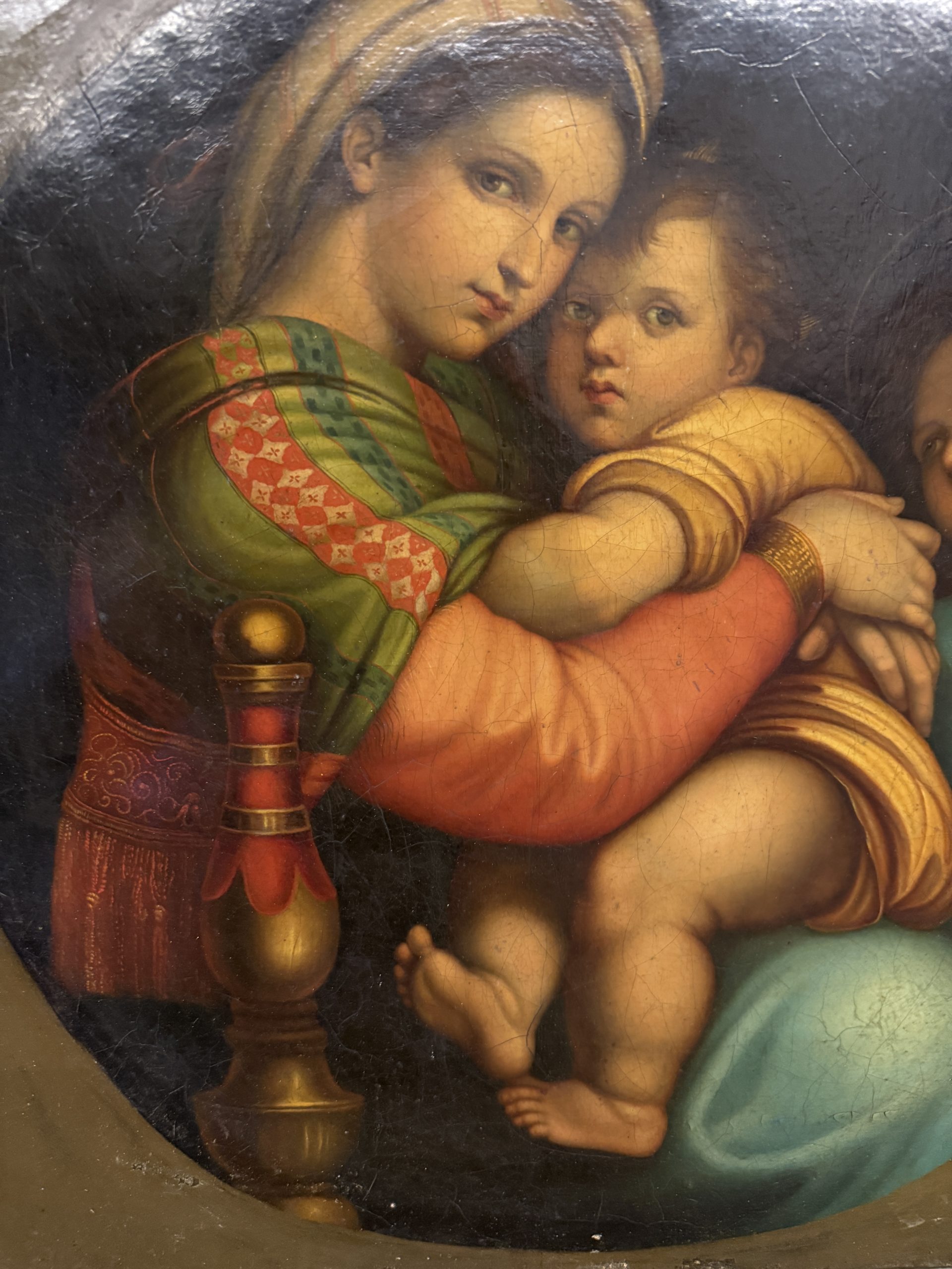 Antico dipinto olio su tela '800 Madonna della seggiola, 40x40cm, stato molto buono - immagine 6