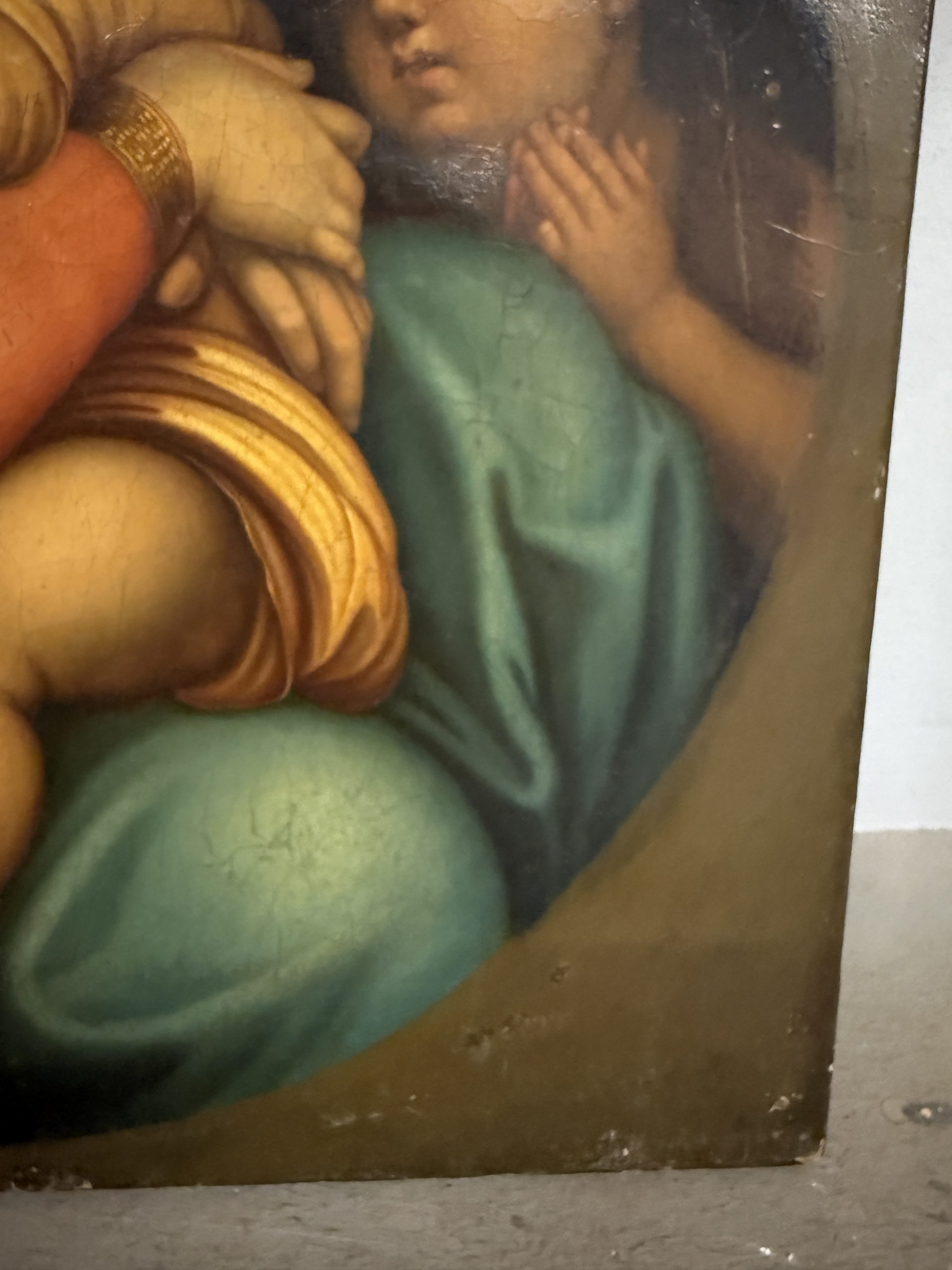 Antico dipinto olio su tela '800 Madonna della seggiola, 40x40cm, stato molto buono - immagine 8
