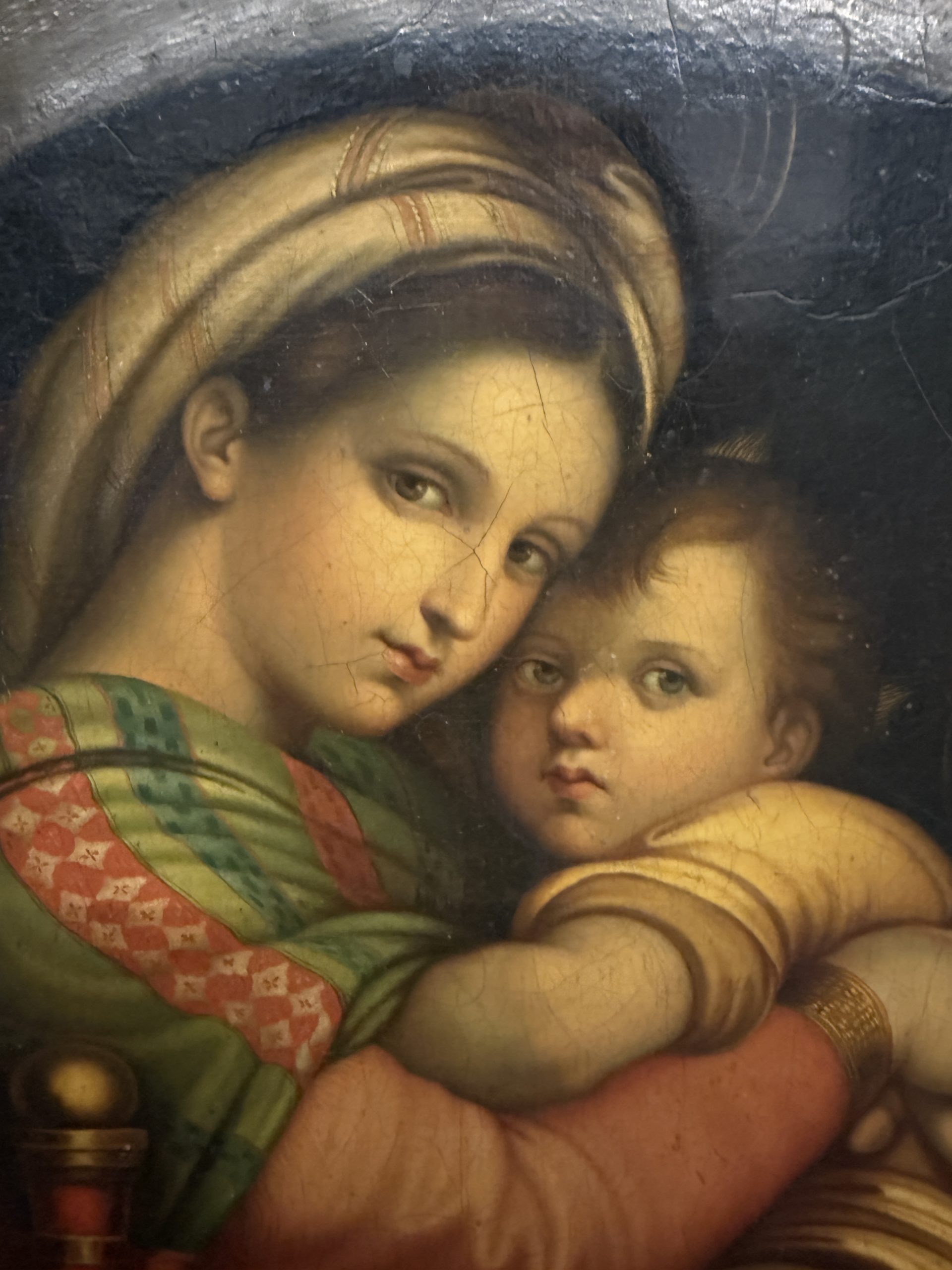 Antico dipinto olio su tela '800 Madonna della seggiola, 40x40cm, stato molto buono - immagine 10
