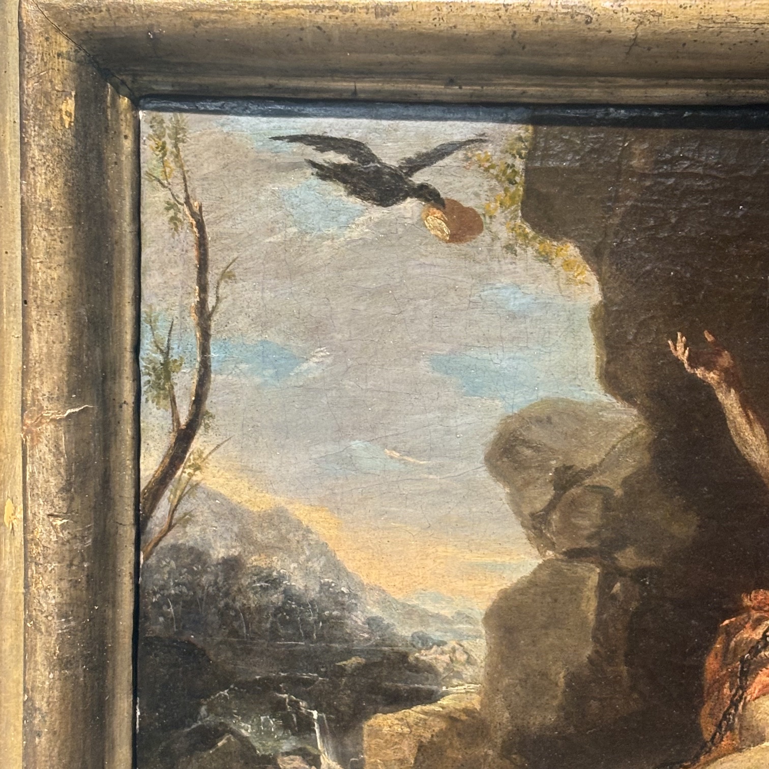 Antico dipinto scuola Napoli XVII sec Sant’ Elia cm 62 x 52 . “Il miracolo Dei Corvi “ - immagine 3