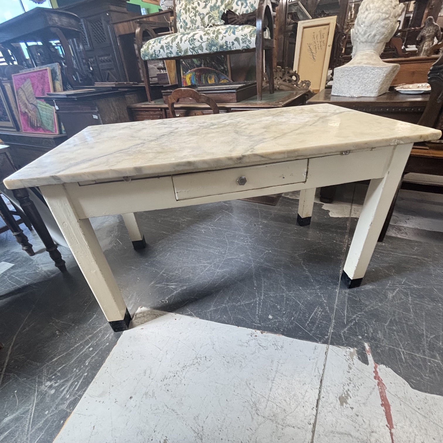 Antico tavolo campagnolo laccato bianco con marmo anni 40 . Mis 140 x 80 - immagine 5