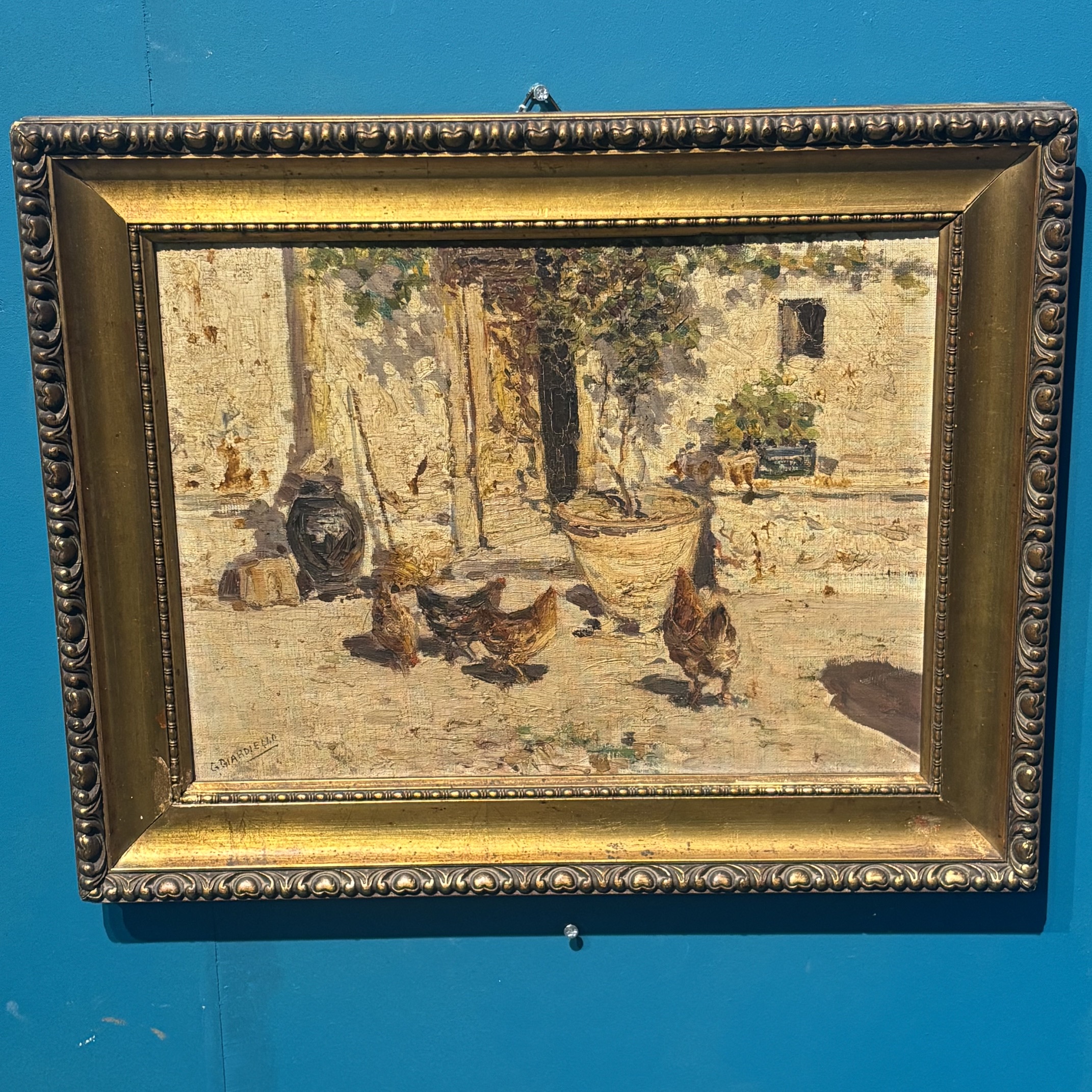 Antico dipinto olio su tela scena popolare di corte primi 900 mis 40 x cm 30 . Giuseppe Giardiello Napoli 1887 -1920.