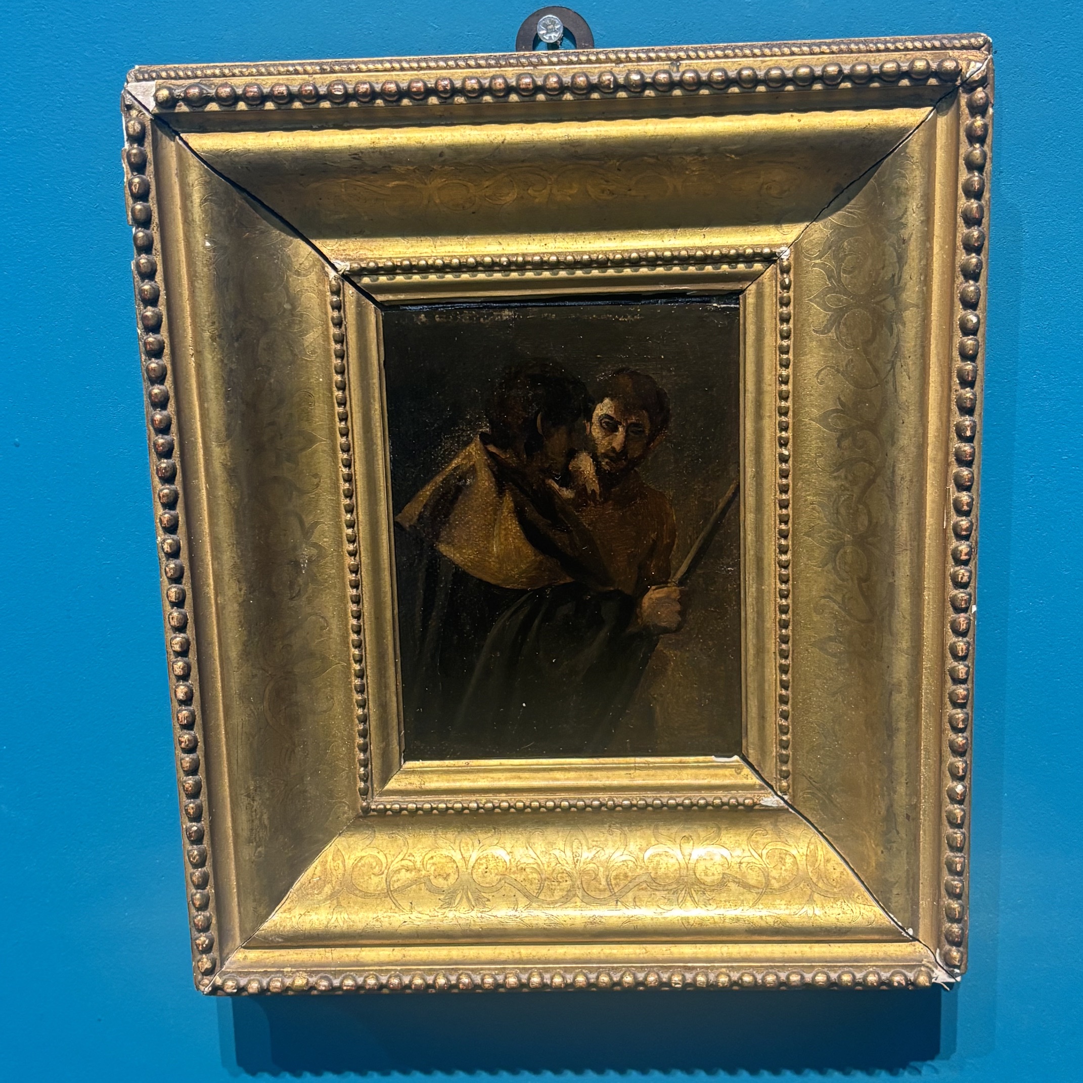 Antico dipinto olio su tela XVII sec Barocco con personaggi. Mis 15 X 12,50 in cornice foglia oro antica.