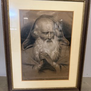 Antico disegno francese con eremita o santo XIX sec, 39x29cm