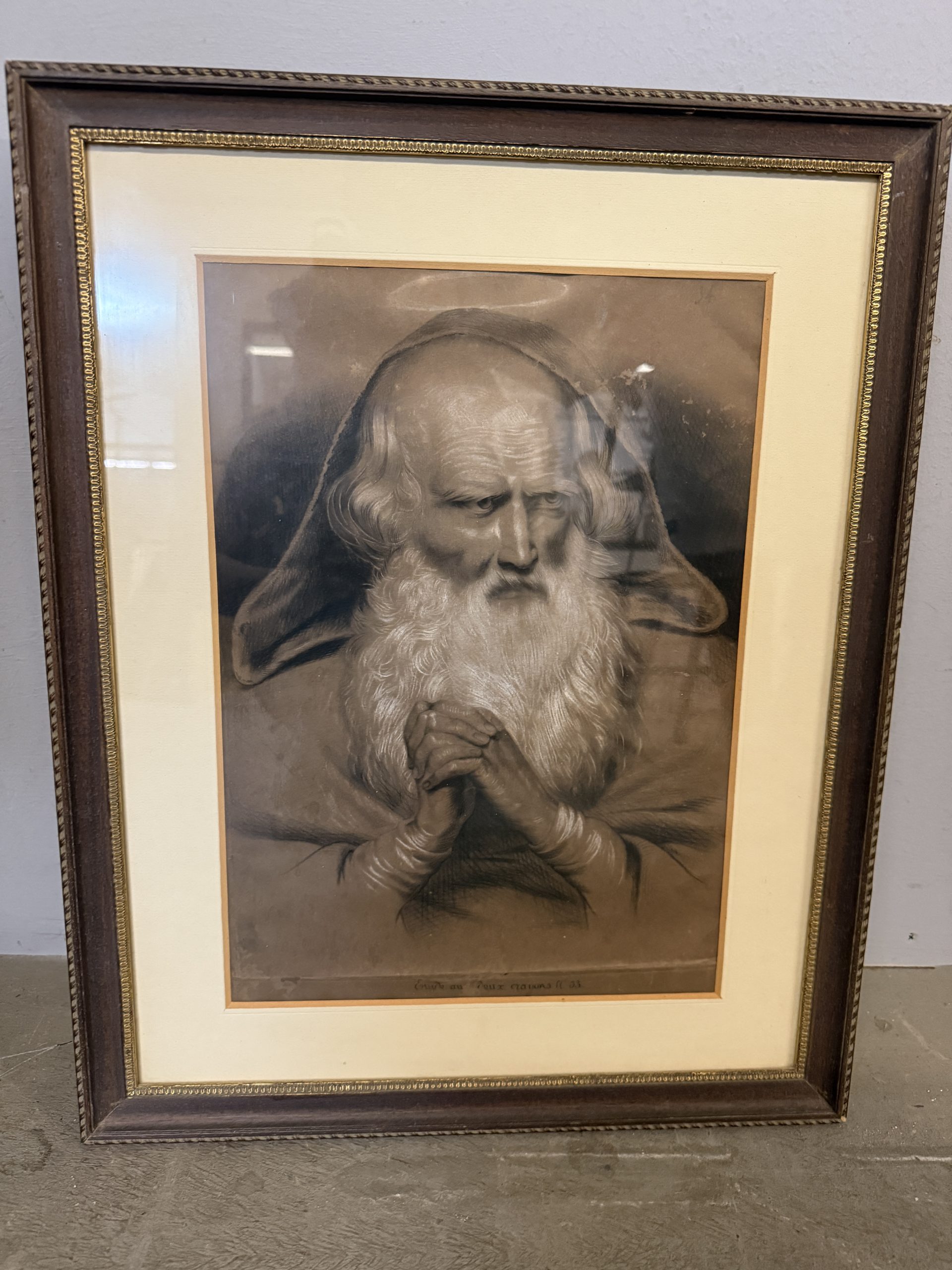 Antico disegno francese con eremita o santo XIX sec, 39x29cm