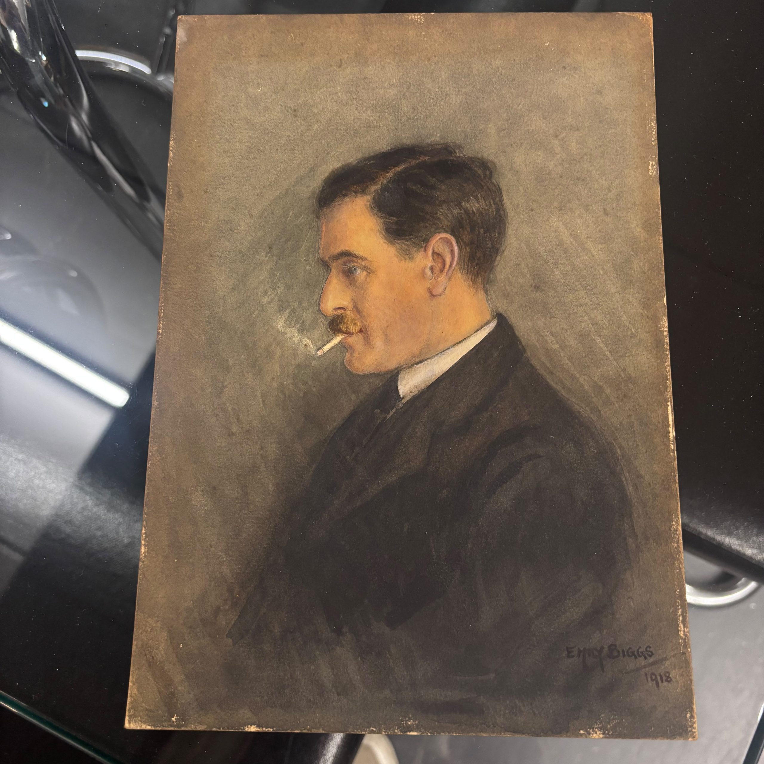 Antico acquarello Biggs 1918 raffigurante personaggio, 25x16cm - immagine 4