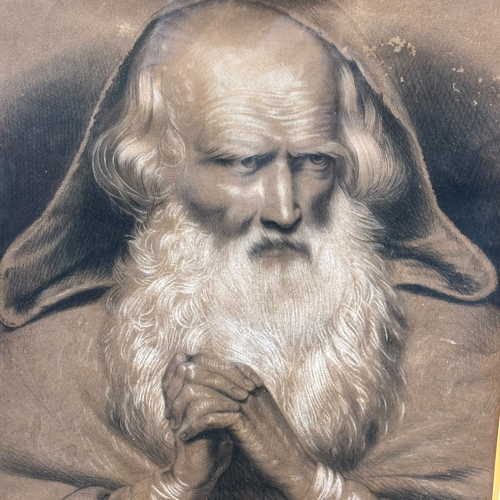 Antico disegno francese con eremita o santo XIX sec, 39x29cm - immagine 6